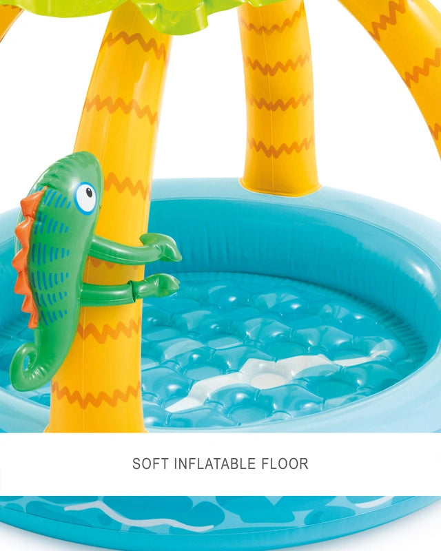 Intex Tropical Island Inflatable Kiddie Pool – Jungle-Themed Baby Pool with Palm Tree Shade & Detachable Animal Toys – 102 x 86 cm for Ages 1–3 - Damoo