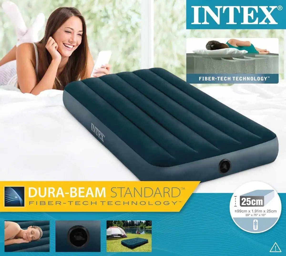 INTEX Twin Dura-Beam Air Mattress – Midnight Green | Inflatable Camping Bed with Velvet Top, Puncture-Resistant PVC, 191x97x25cm - Damoo