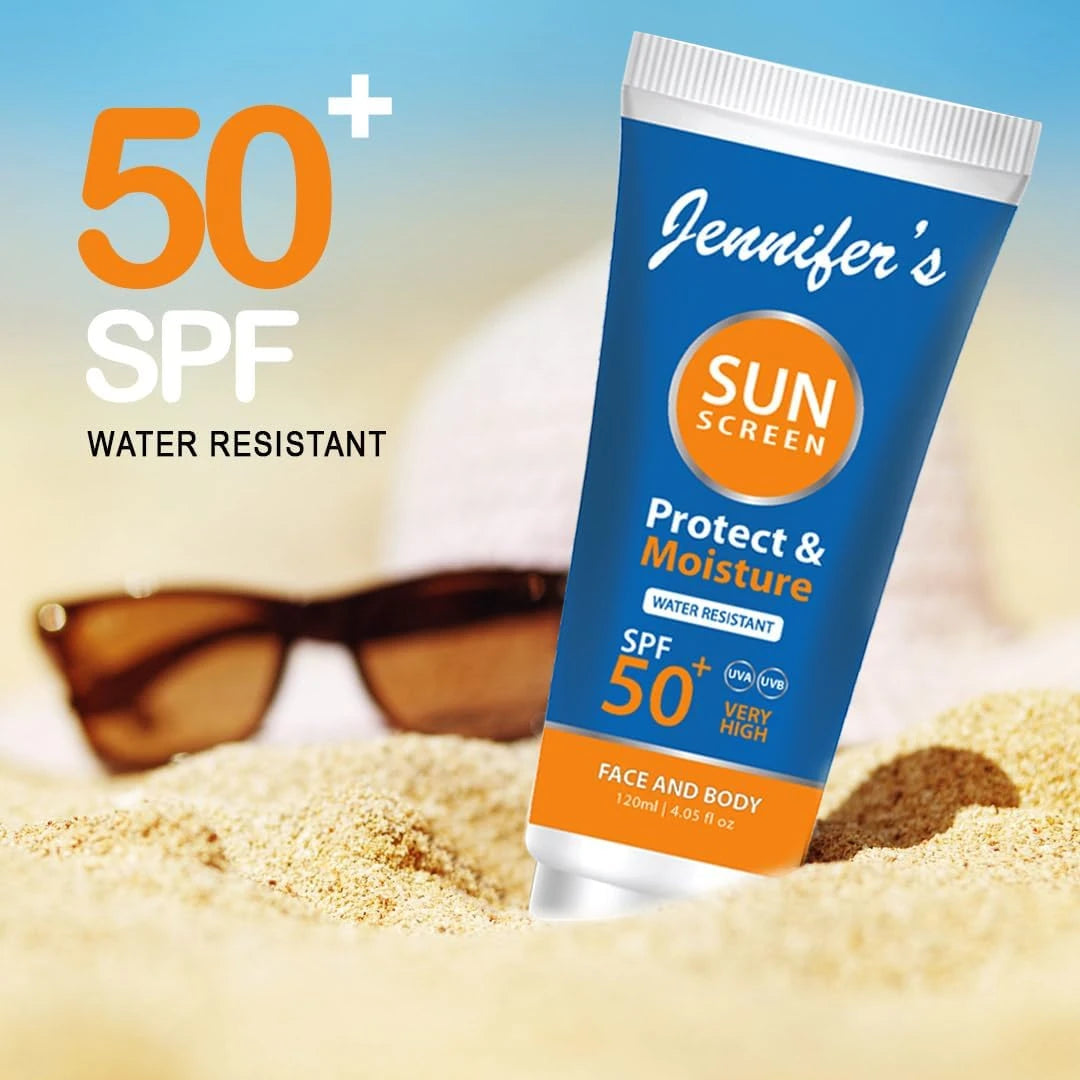 Jennifer's Face & Body Sunscreen Lotion SPF 50 – 120ml | Broad Spectrum UVA/UVB Protection | Water-Resistant | Hydrating & Radiance-Boosting Formula - Damoo