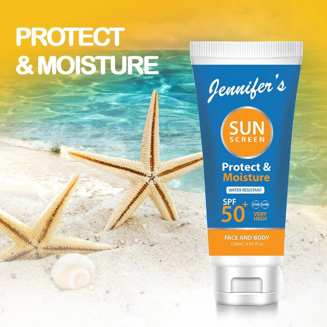 Jennifer's Face & Body Sunscreen Lotion SPF 50 – 120ml | Broad Spectrum UVA/UVB Protection | Water-Resistant | Hydrating & Radiance-Boosting Formula - Damoo