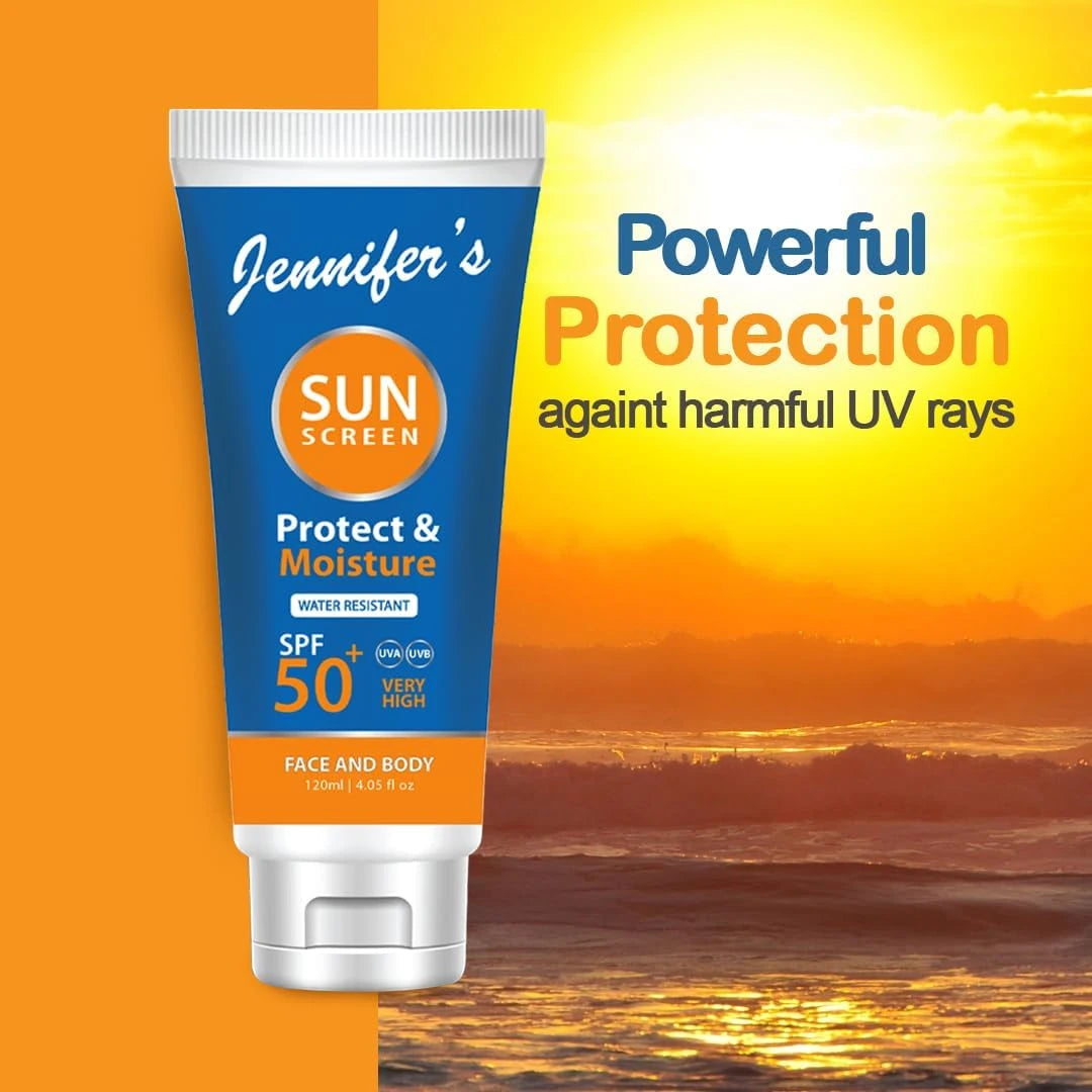 Jennifer's Face & Body Sunscreen Lotion SPF 50 – 120ml | Broad Spectrum UVA/UVB Protection | Water-Resistant | Hydrating & Radiance-Boosting Formula - Damoo