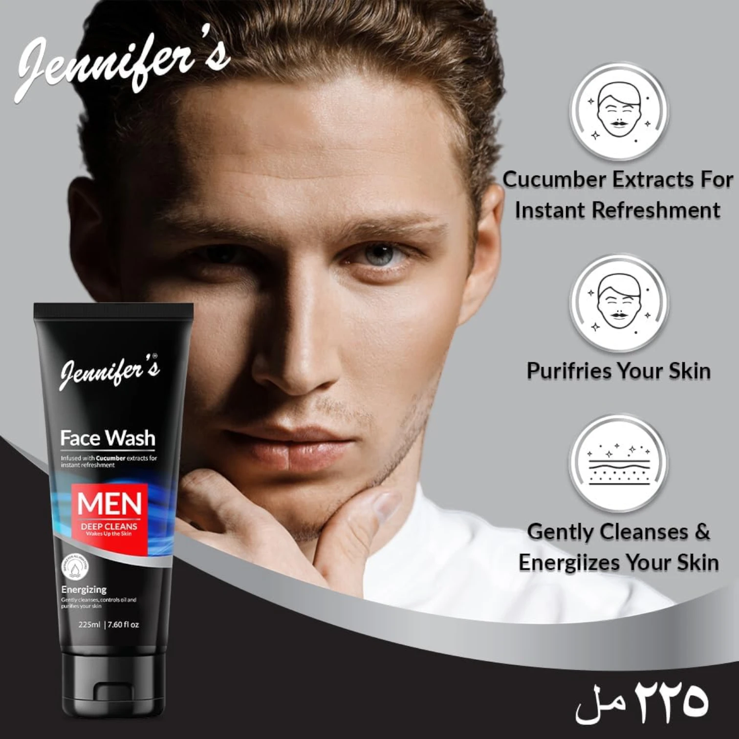 Jennifer’s Face Wash for Men – 225ML | Deep Cleansing with Cucumber Extract | Energizing Formula for Oil Control & Refreshment | All Skin Types - Damoo