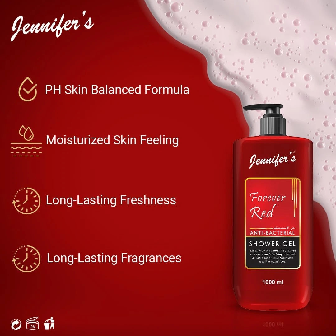 Jennifer’s Forever Red Anti-Bacterial Shower Gel – 1 Liter | Extra Moisturizing Body Wash for All Skin Types | Deep Cleanse + Hydration for All Seasons - Damoo