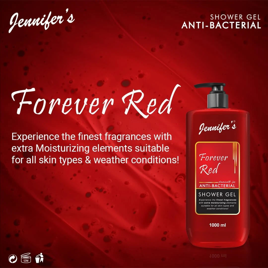 Jennifer’s Forever Red Anti-Bacterial Shower Gel – 1 Liter | Extra Moisturizing Body Wash for All Skin Types | Deep Cleanse + Hydration for All Seasons - Damoo