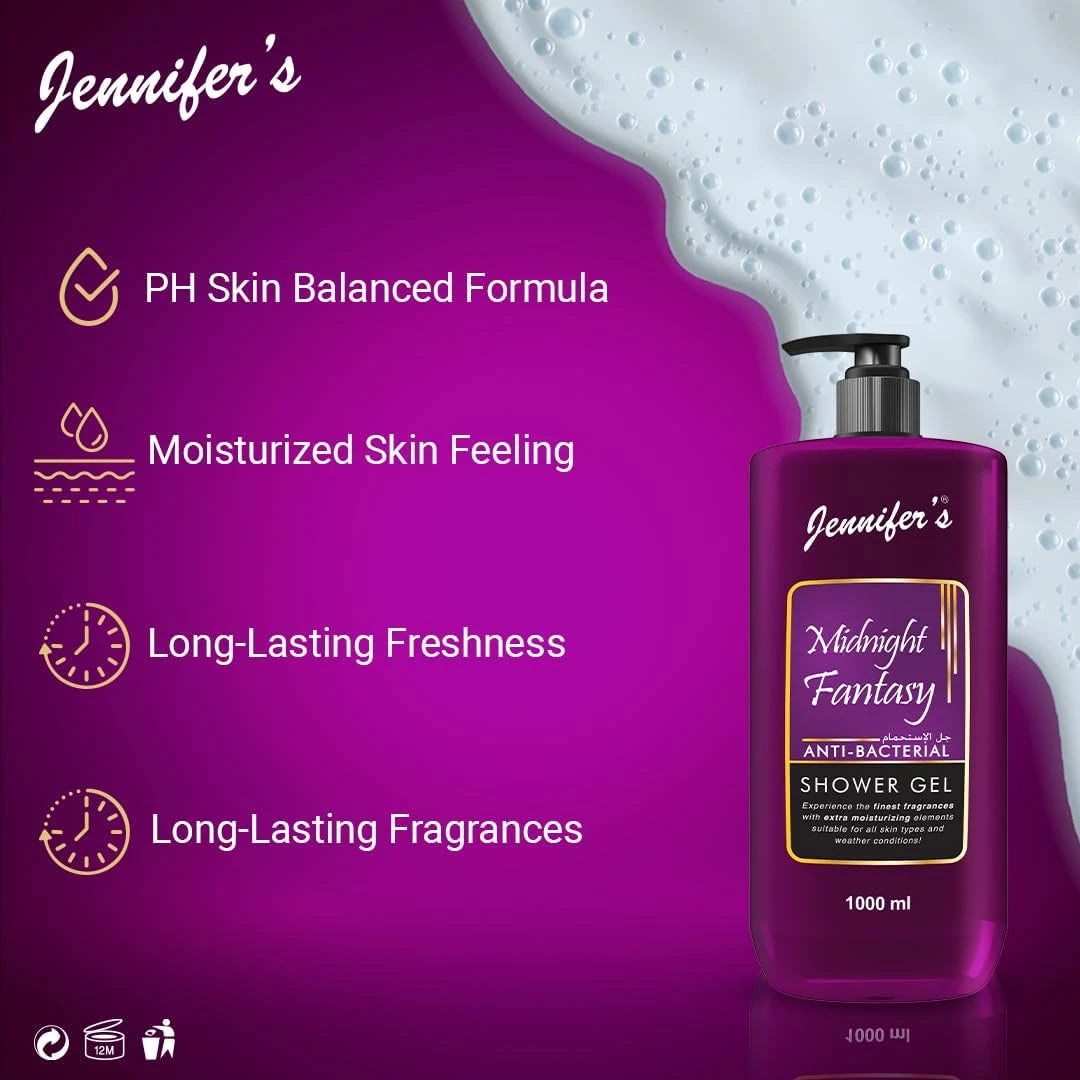 Jennifer's Midnight Fantasy Anti-Bacterial Shower Gel 1L | Extra Moisturizing Body Wash for All Skin Types | Long-Lasting Hydration & Germ Protection | Fresh Scent | All-Weather Skincare** - Damoo