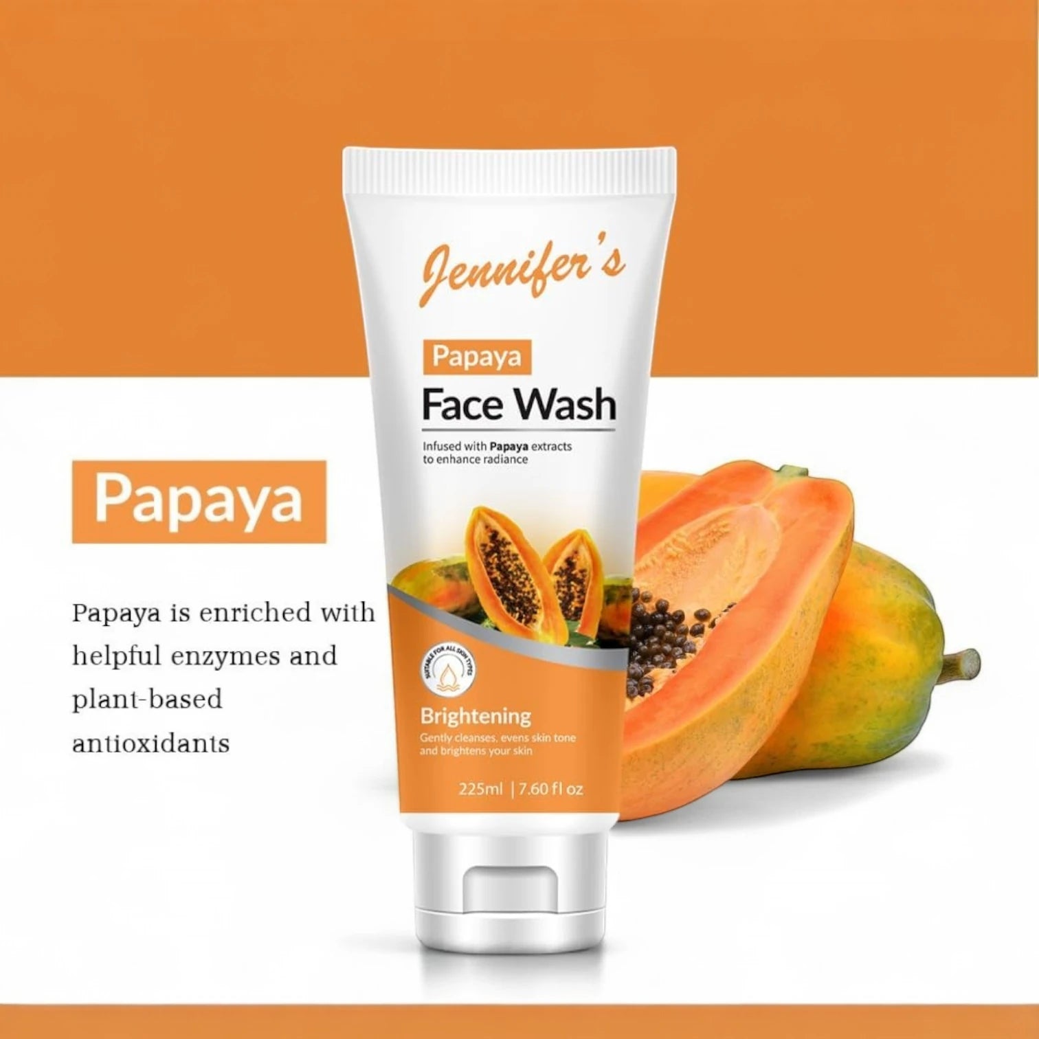 Jennifer's Papaya Face Wash – 225ml | Brightening Cleanser with Natural Papaya Extract | Gently Exfoliates, Evens Skin Tone & Revives Dull Skin | For All Skin Types - Damoo