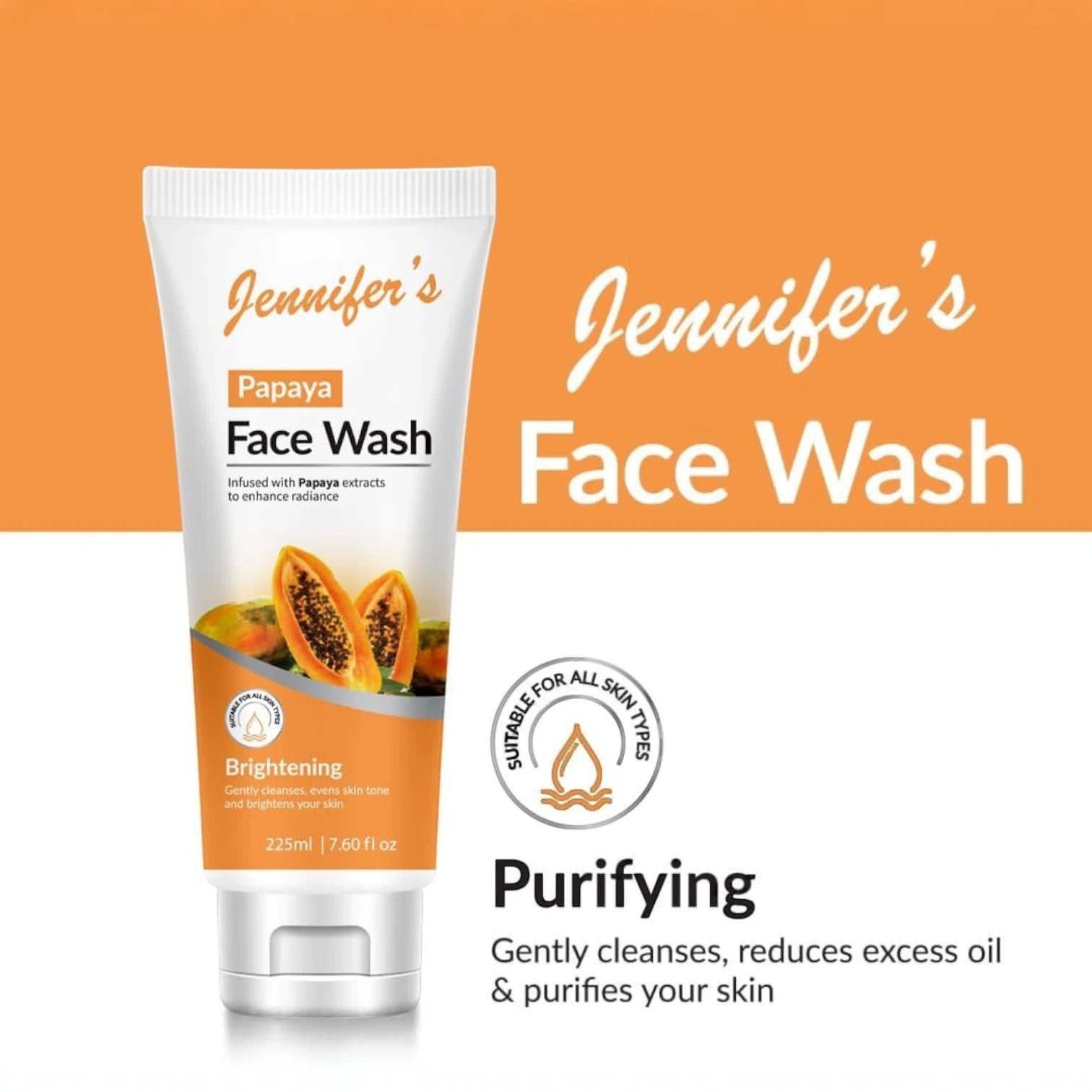 Jennifer's Papaya Face Wash – 225ml | Brightening Cleanser with Natural Papaya Extract | Gently Exfoliates, Evens Skin Tone & Revives Dull Skin | For All Skin Types - Damoo