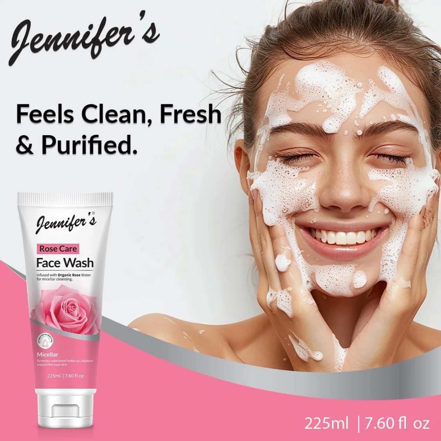 Jennifer's Rose Care Face Wash – 225ml | Infused with Organic Rose Water & Micellar Technology | Removes Waterproof Makeup, Deeply Cleanses & Hydrates | For All Skin Types - Damoo