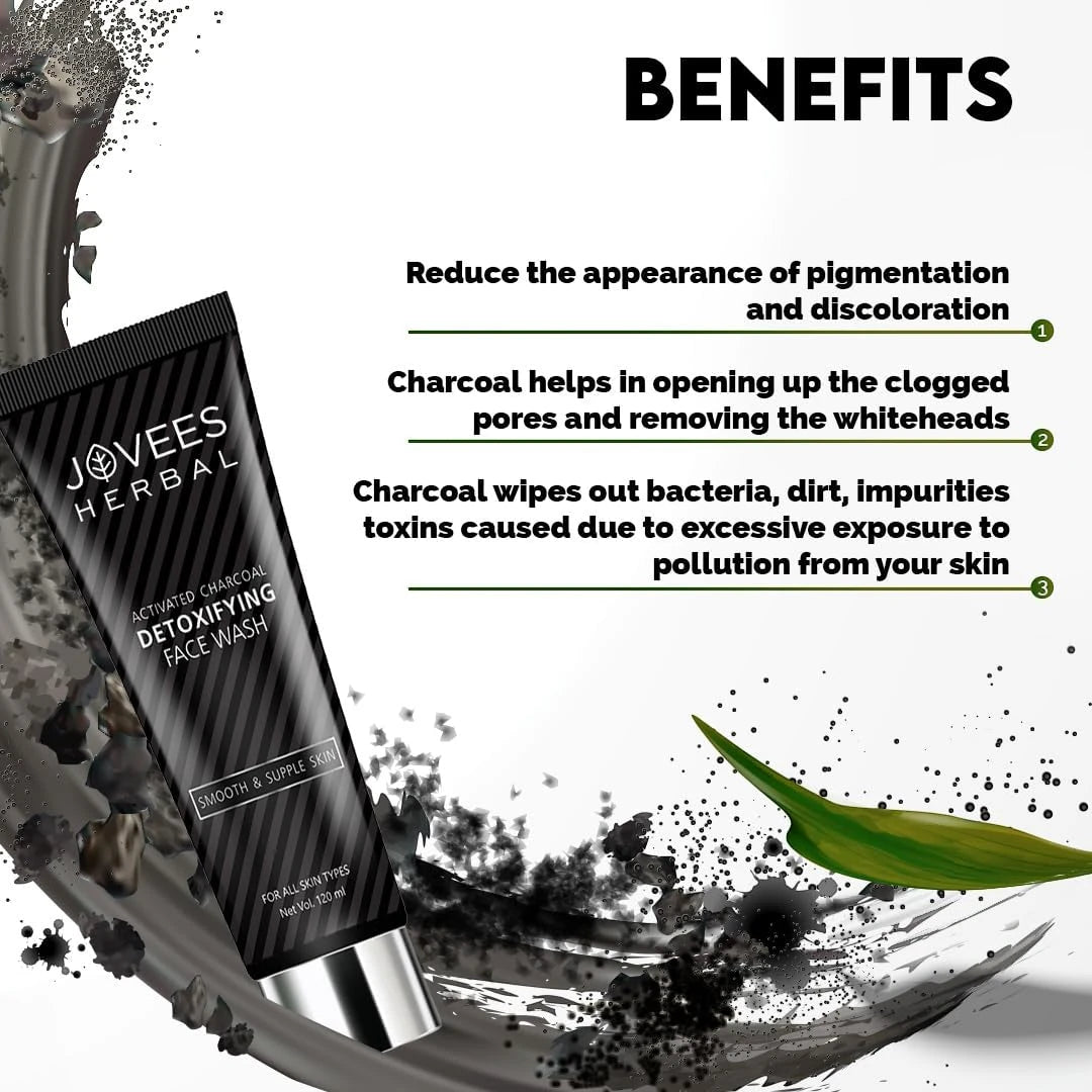 Jovees Activated Charcoal Detox Face Wash – 120ml | Deep Pore Cleanser for Acne-Prone & Oily Skin | Controls Oil, Fights Acne, and Detoxifies | Paraben-Free - Damoo
