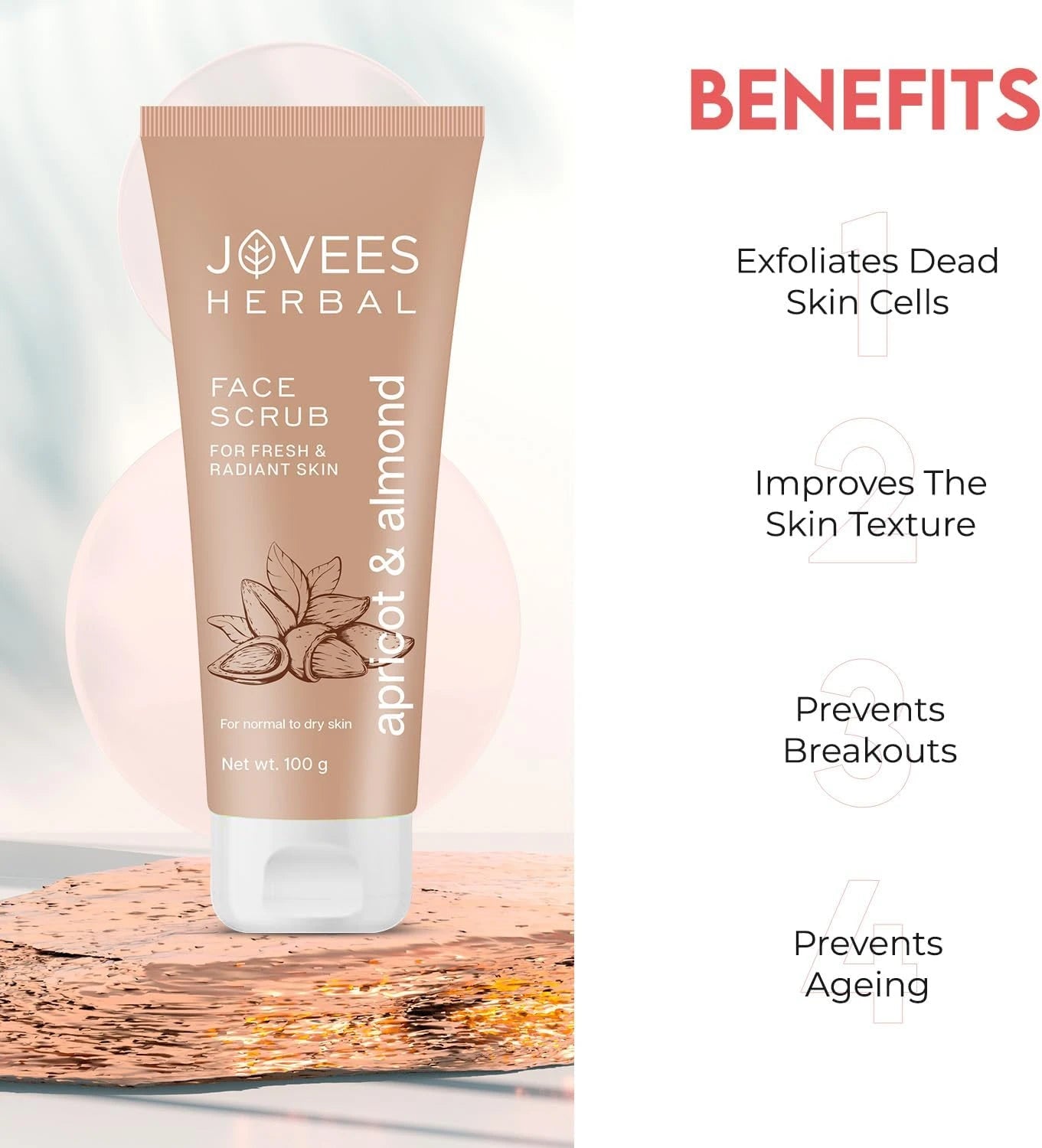 Jovees Apricot & Almond Facial Scrub – 100g | Exfoliating Cream for Dry Skin with Natural Oils - Damoo