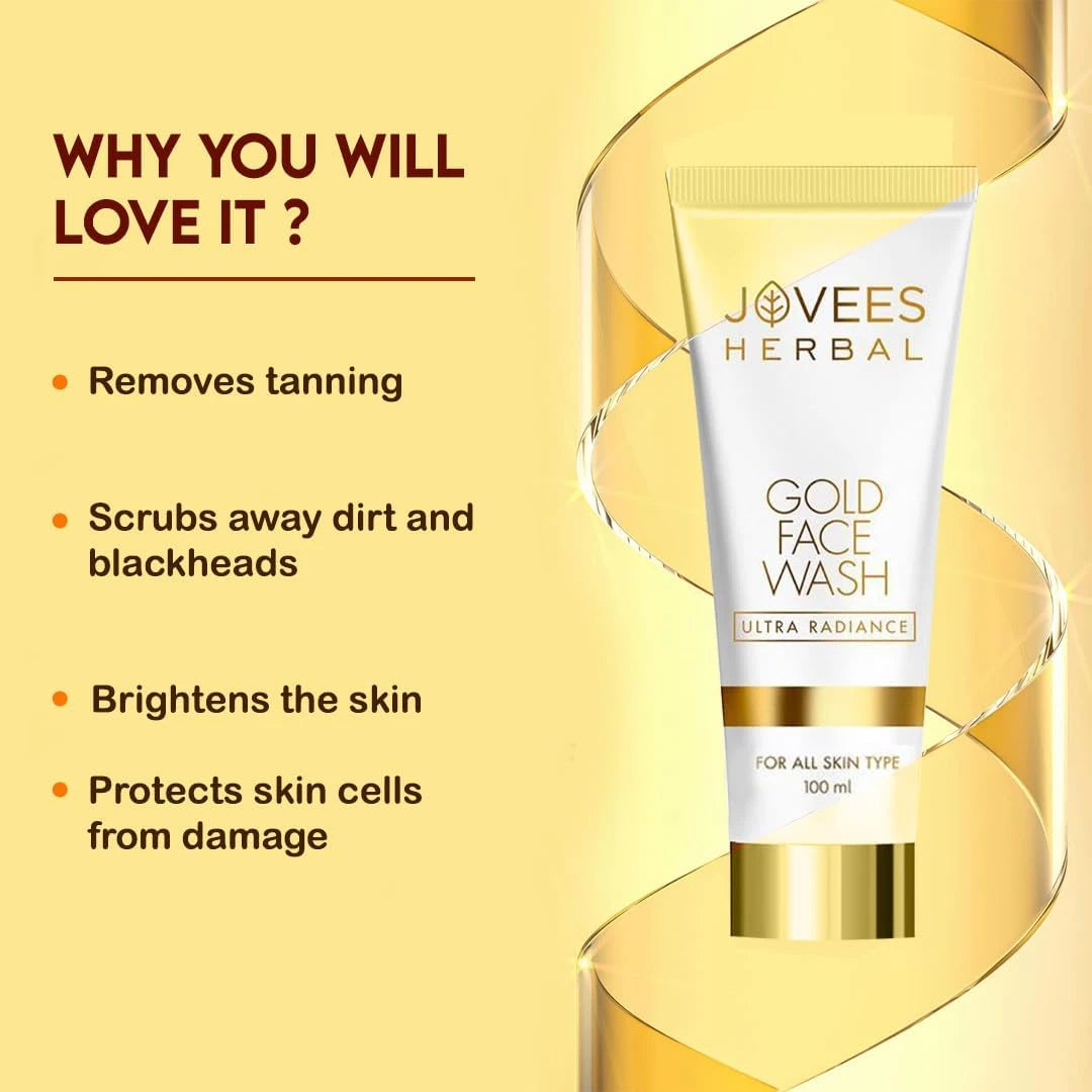 Jovees Gold Ultra Radiance Face Wash – 100ml | 24K Gold Glow, Anti-Aging, Brightening Cleanser for All Skin Types - Damoo