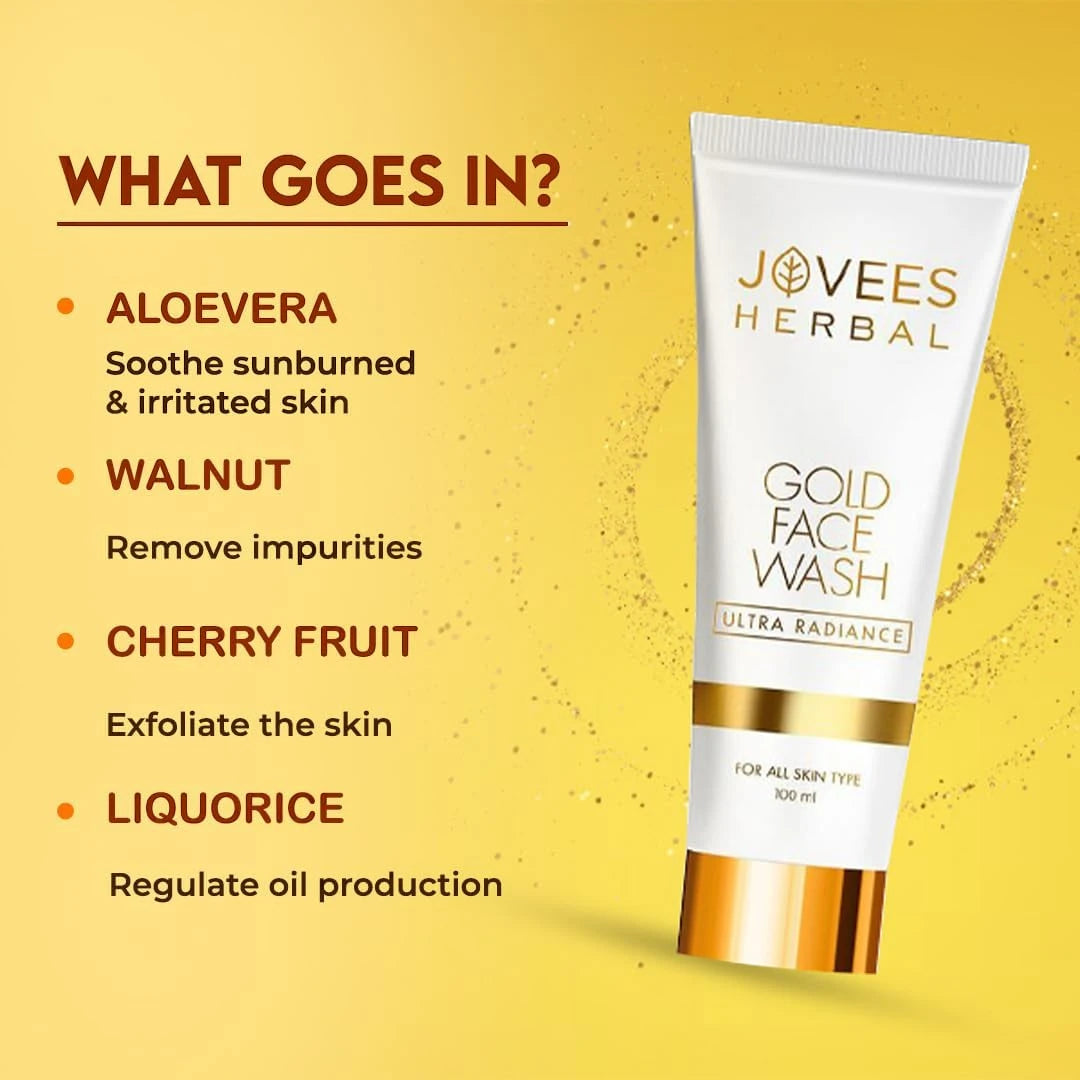Jovees Gold Ultra Radiance Face Wash – 100ml | 24K Gold Glow, Anti-Aging, Brightening Cleanser for All Skin Types - Damoo