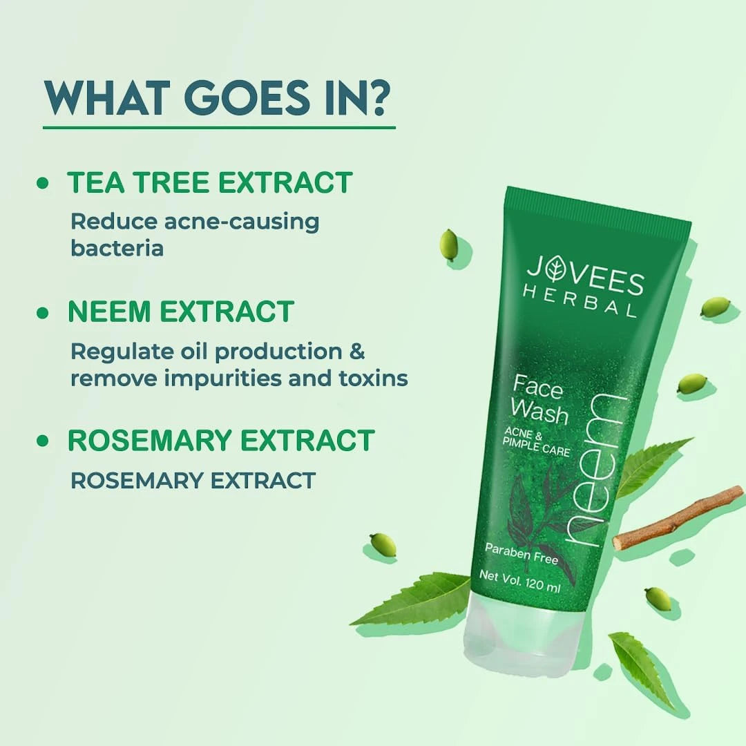 Jovees Herbal Neem Face Wash 120ml – Neem & Tea Tree Extracts | Fights Acne & Pimples | Deep Cleansing & Oil Control | For Men & Women | All Skin Types - Damoo