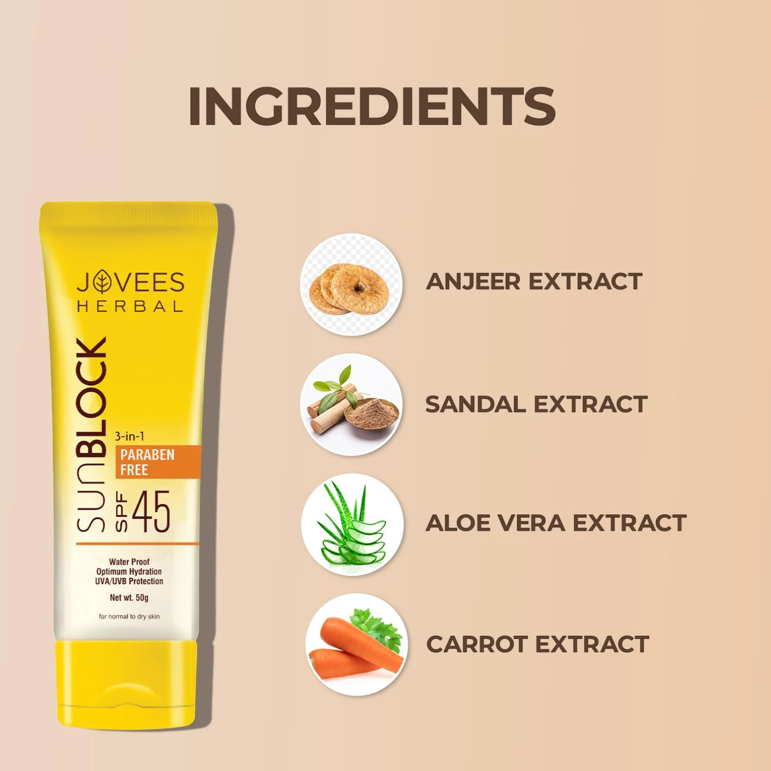Jovees Herbal Sun Block SPF 45 – 100g | Broad Spectrum UVA/UVB & Blue Light Protection | Hydrating Sunscreen for Dry Skin | Lightweight, Non-Greasy Formula for Men & Women - Damoo