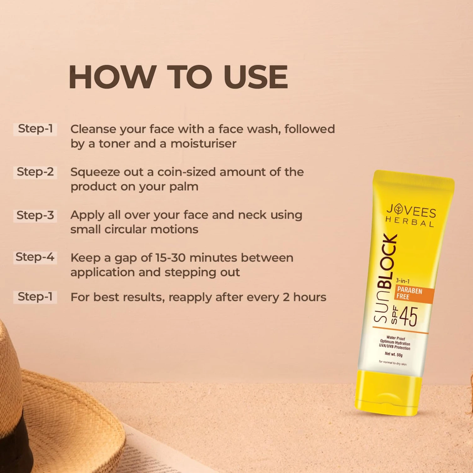 Jovees Herbal Sun Block SPF 45 – 100g | Broad Spectrum UVA/UVB & Blue Light Protection | Hydrating Sunscreen for Dry Skin | Lightweight, Non-Greasy Formula for Men & Women - Damoo