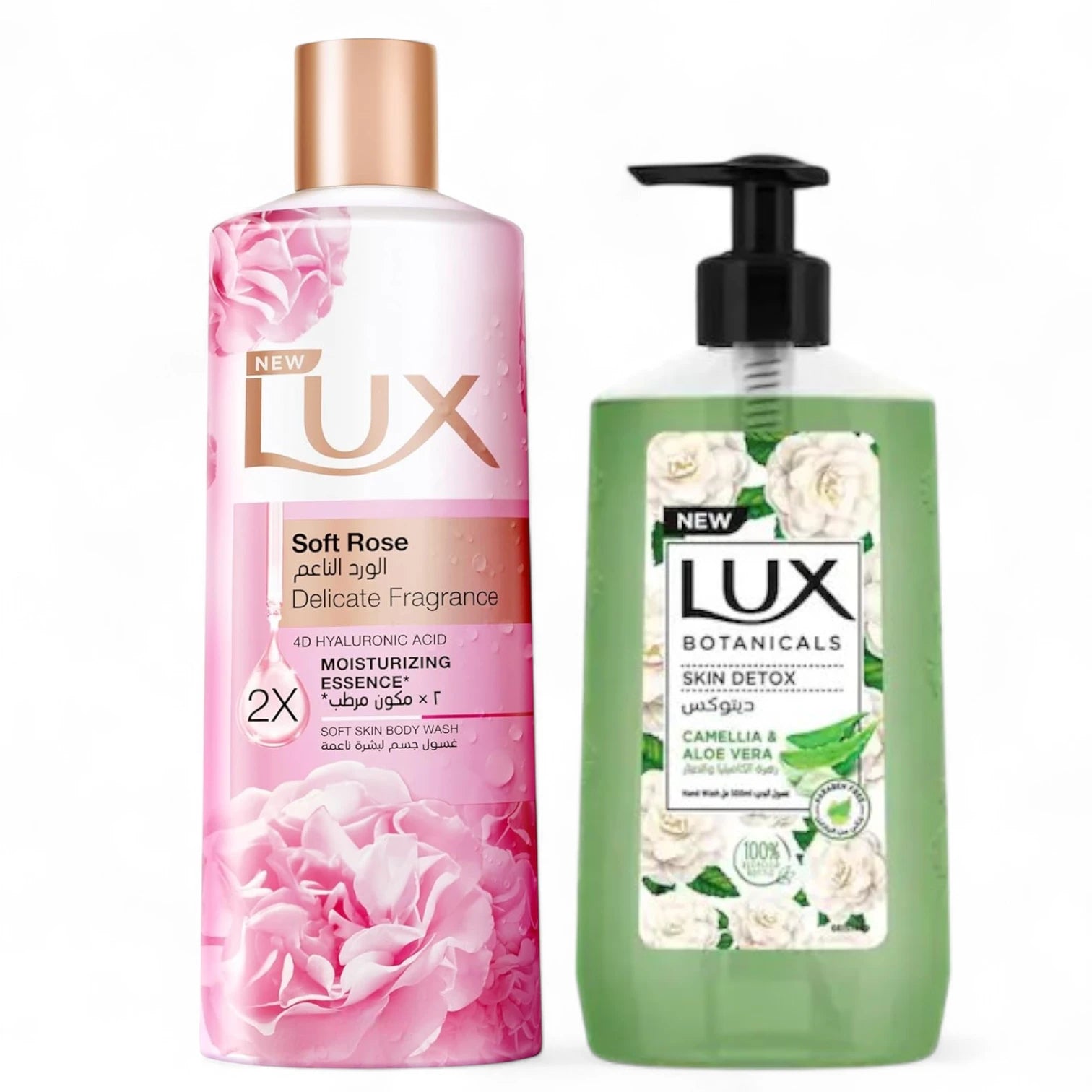 Lux Body Wash & Hand Wash Combo – Soft Rose with 4D Hyaluronic Acid 250ml + Botanicals Skin Detox Hand Wash with Camellia & Aloe Vera 240ml | Hydrating & Purifying for All Skin Types - Damoo