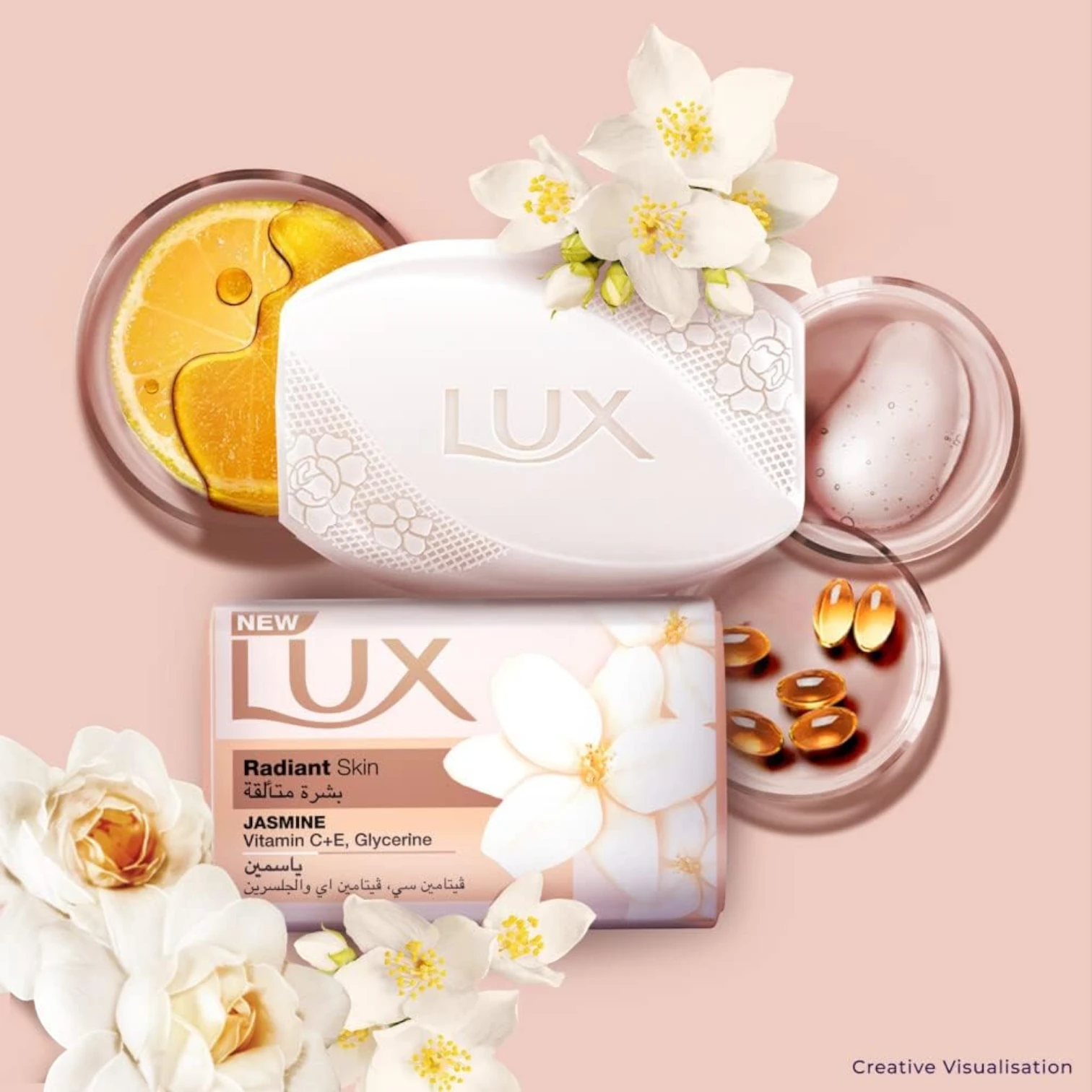 LUX Radiant Skin Bar Soap with Jasmine, Vitamin C, E & Glycerine 170g x 6 Pack – Nourishing Beauty Bar for Glowing, Hydrated Skin - Damoo