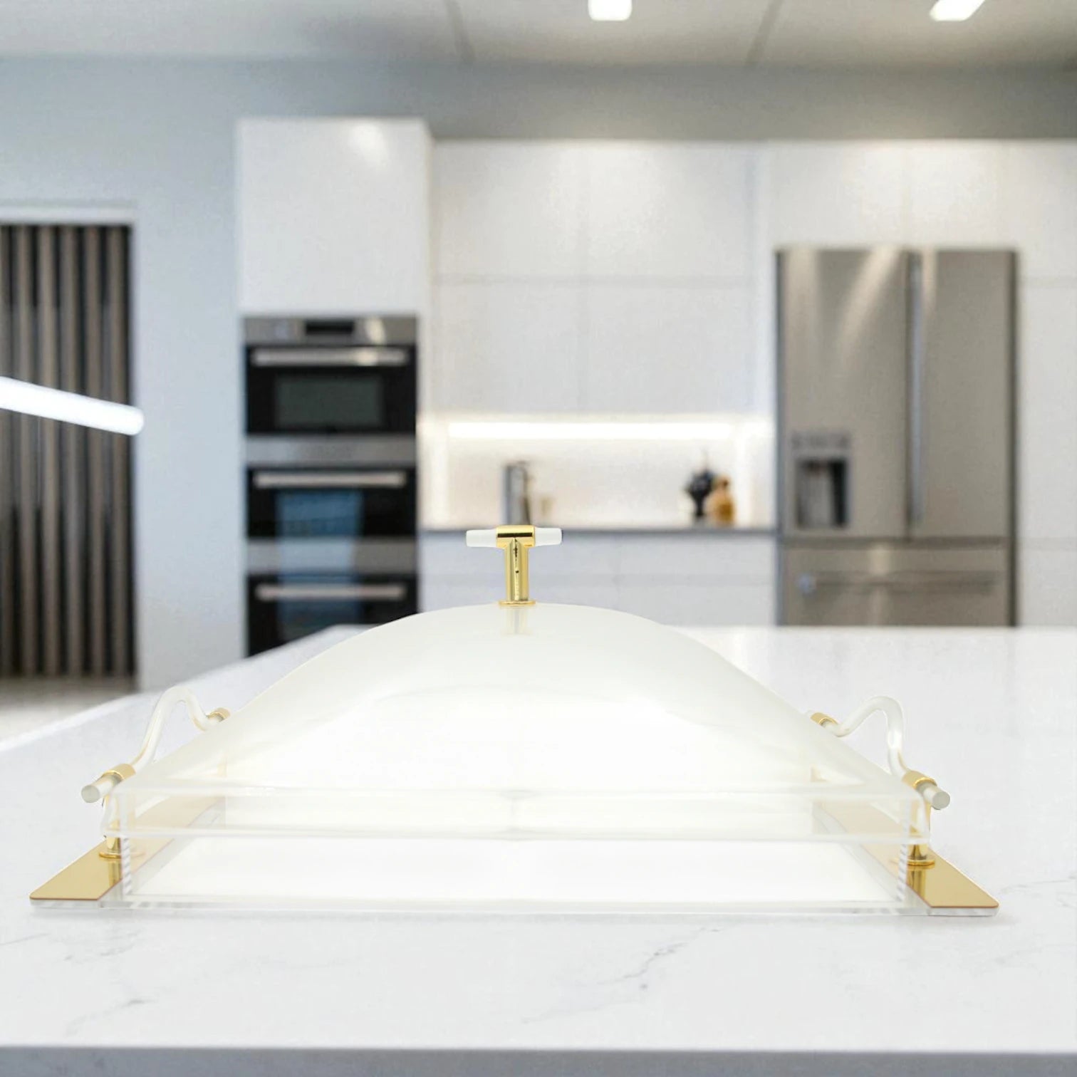 Luxury Acrylic Rectangular Serving Tray with Gold Metal Accents – Modern Dome Holder for Sweets, Treats, and Gifting - Damoo