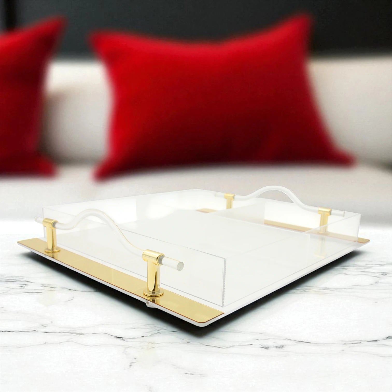 Luxury Acrylic Rectangular Serving Tray with Gold Metal Accents – Modern Dome Holder for Sweets, Treats, and Gifting - Damoo