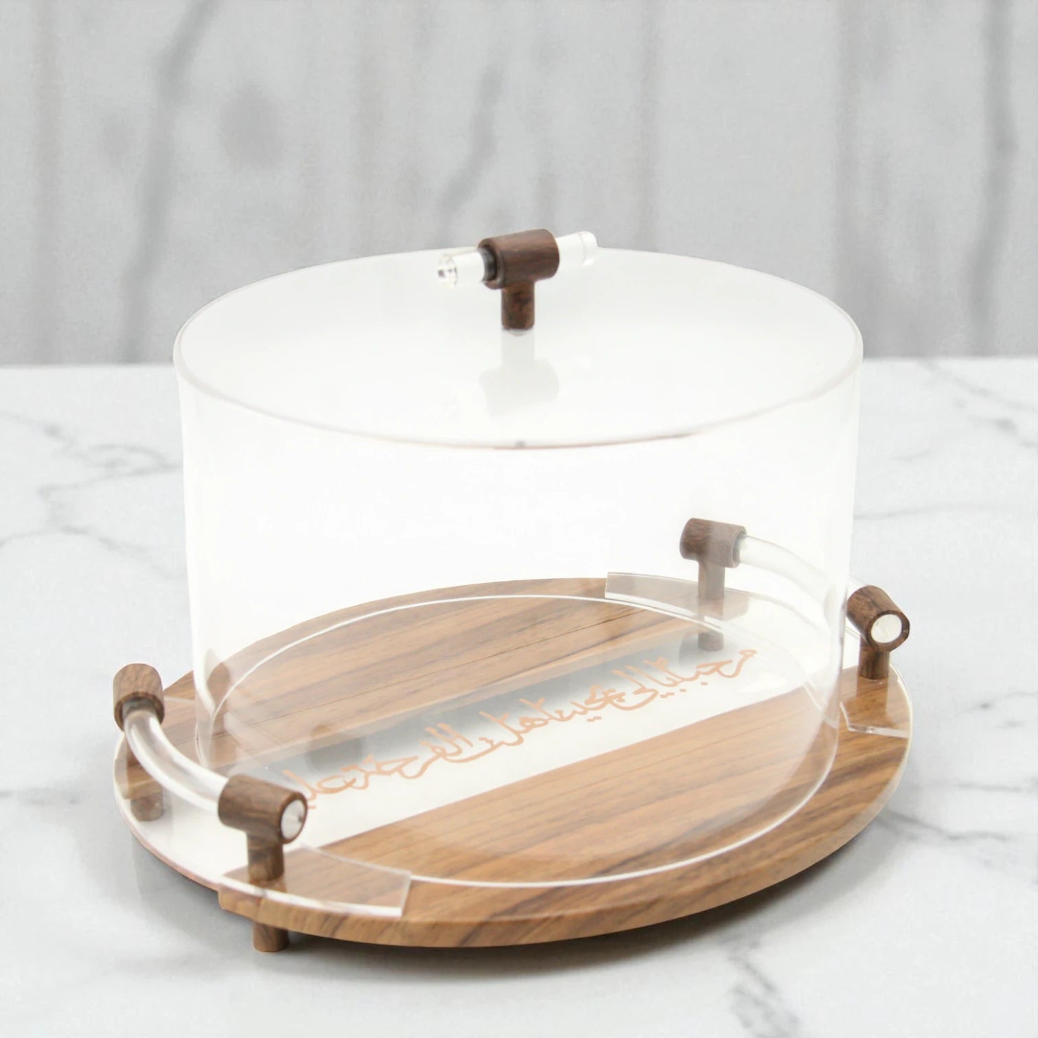 Luxury Acrylic & Wood Round Serving Tray with Dome Lid – Arabic Calligraphy Design – Elegant Hospitality Piece for Dates, Sweets & Treats - Damoo