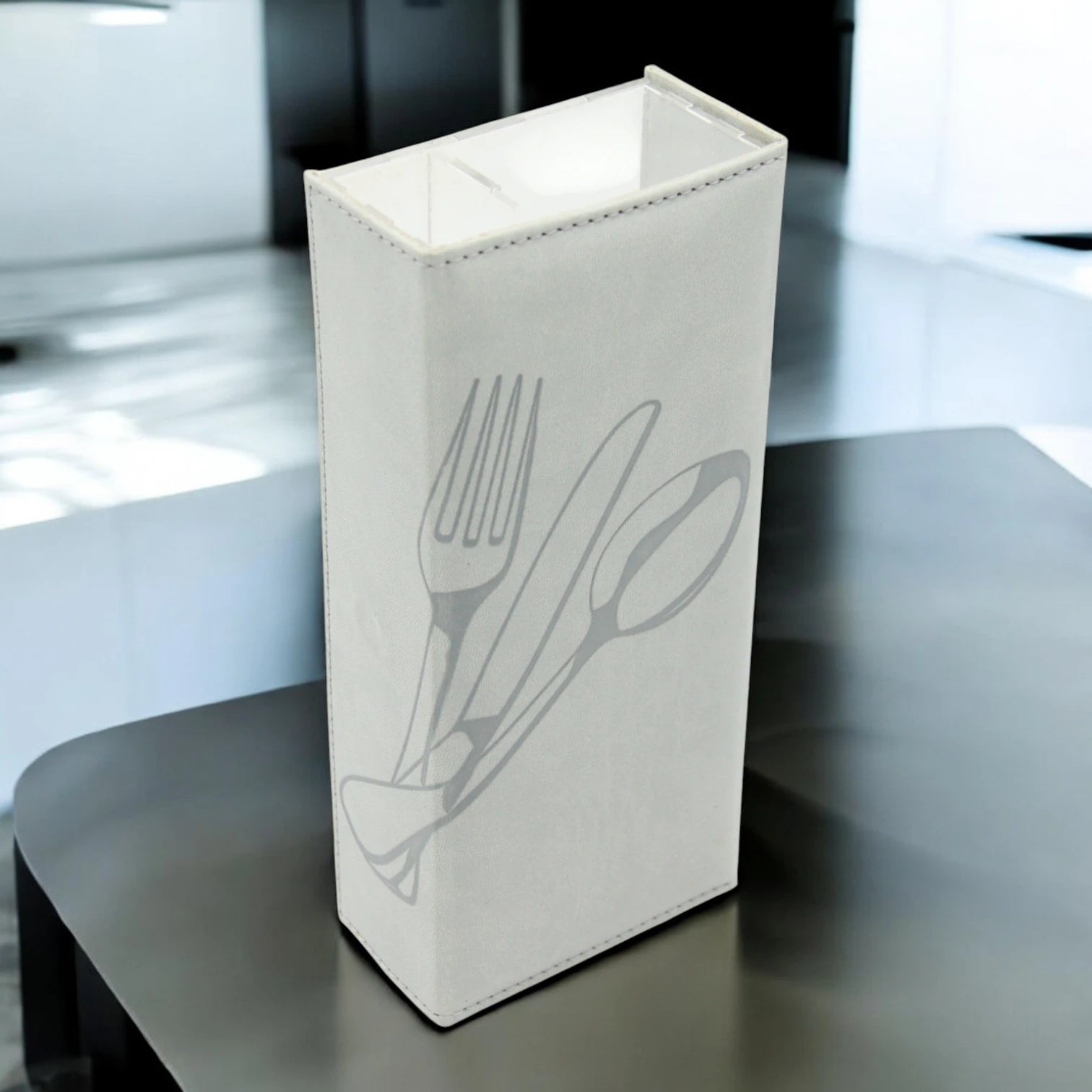 Luxury Beige Faux Leather & Acrylic Cutlery Holder Set – Elegant Napkin & Utensil Organizer for Kitchen, Dining, and Restaurants - Damoo