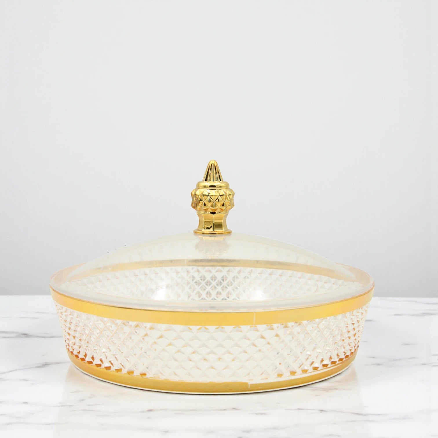 Luxury Clear Acrylic Candy Box with Gold Trim and Ornate Dome Lid – Elegant Decorative Serving Bowl for Sweets, Dates, Nuts & Chocolates – Ideal for Ramadan, Eid, Weddings & Home Décor - Damoo