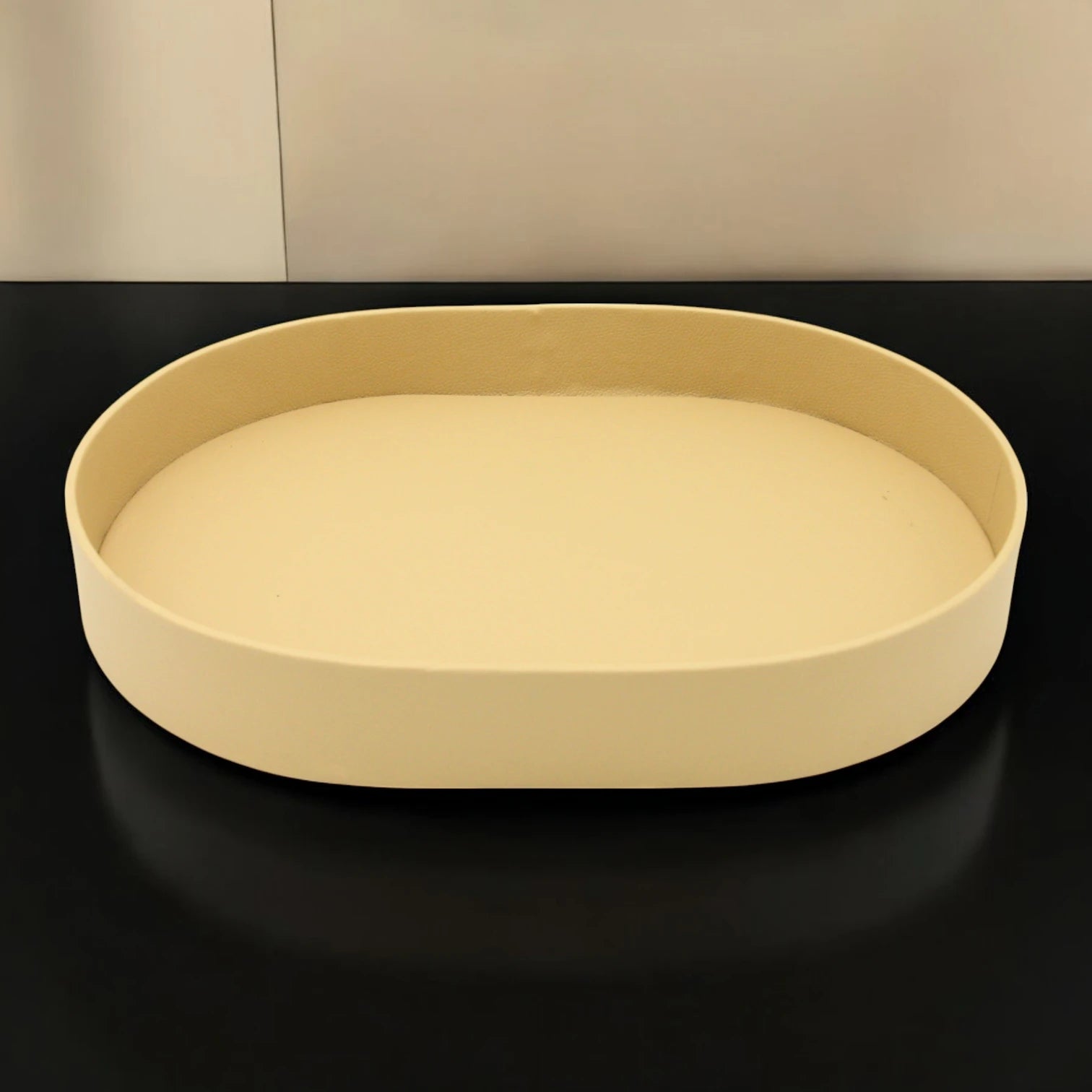 Luxury Oval Leather Catchall Tray – Handmade PU Leather Valet Organizer for Desk, Dresser, Entryway or Nightstand – Beige - Damoo