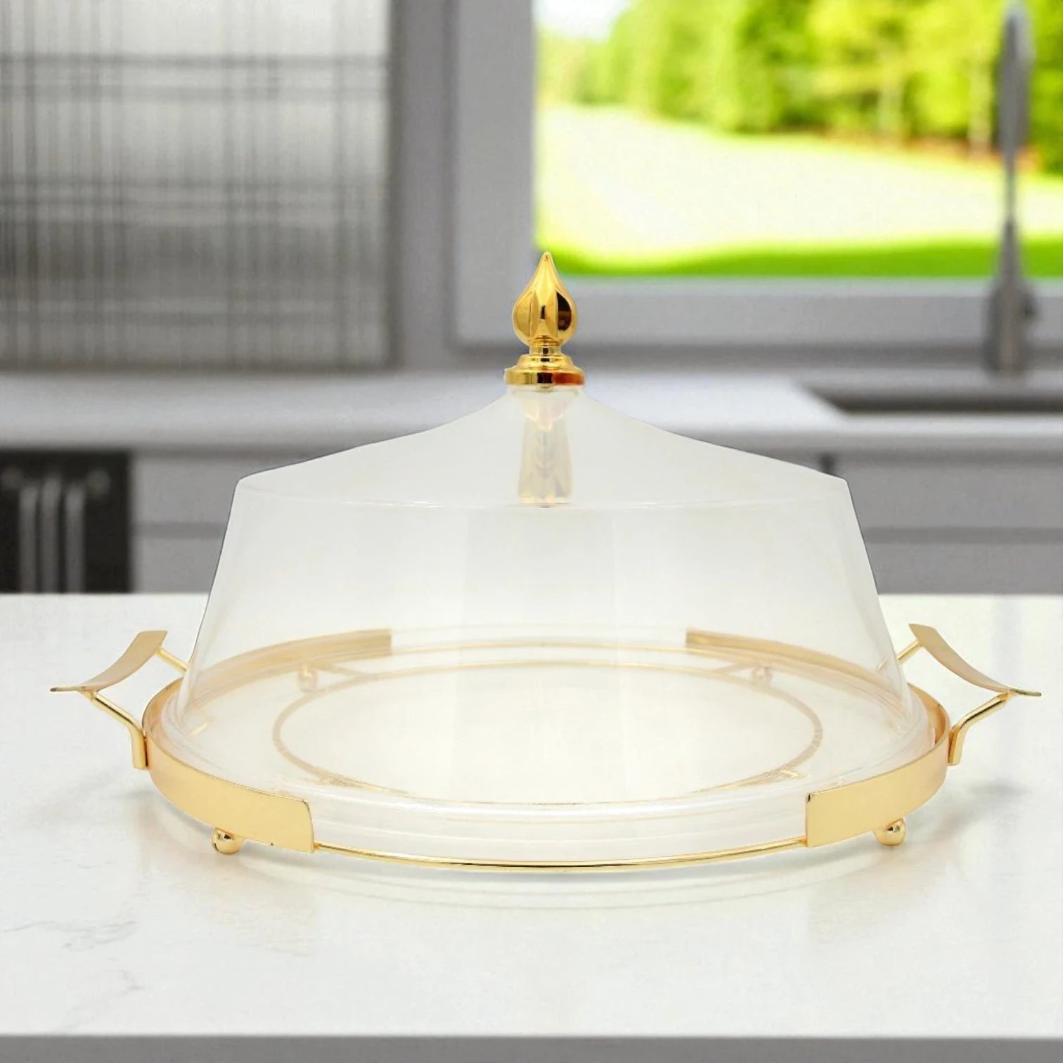 Luxury Round Acrylic Serving Tray with Dome Lid – Gold Handle Dessert Stand for Parties, Cakes & Home Entertaining - Damoo