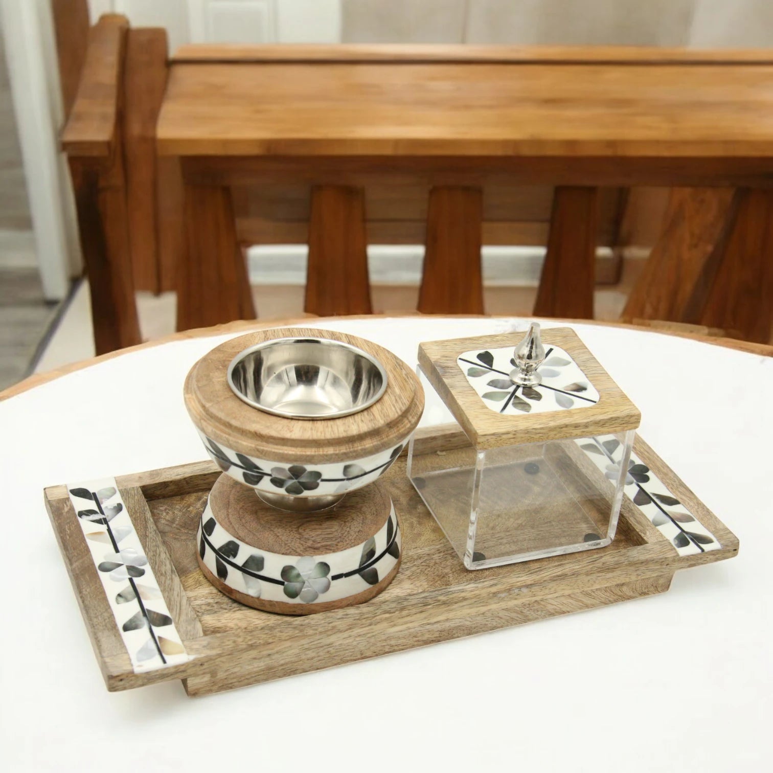 Luxury Wooden Incense Burner Set with Wood – Includes Decorative Mabkhara, Acrylic Bakhoor Storage Box & Matching Tray – Elegant Arabic Home Decor for Majlis & Gifting - Damoo