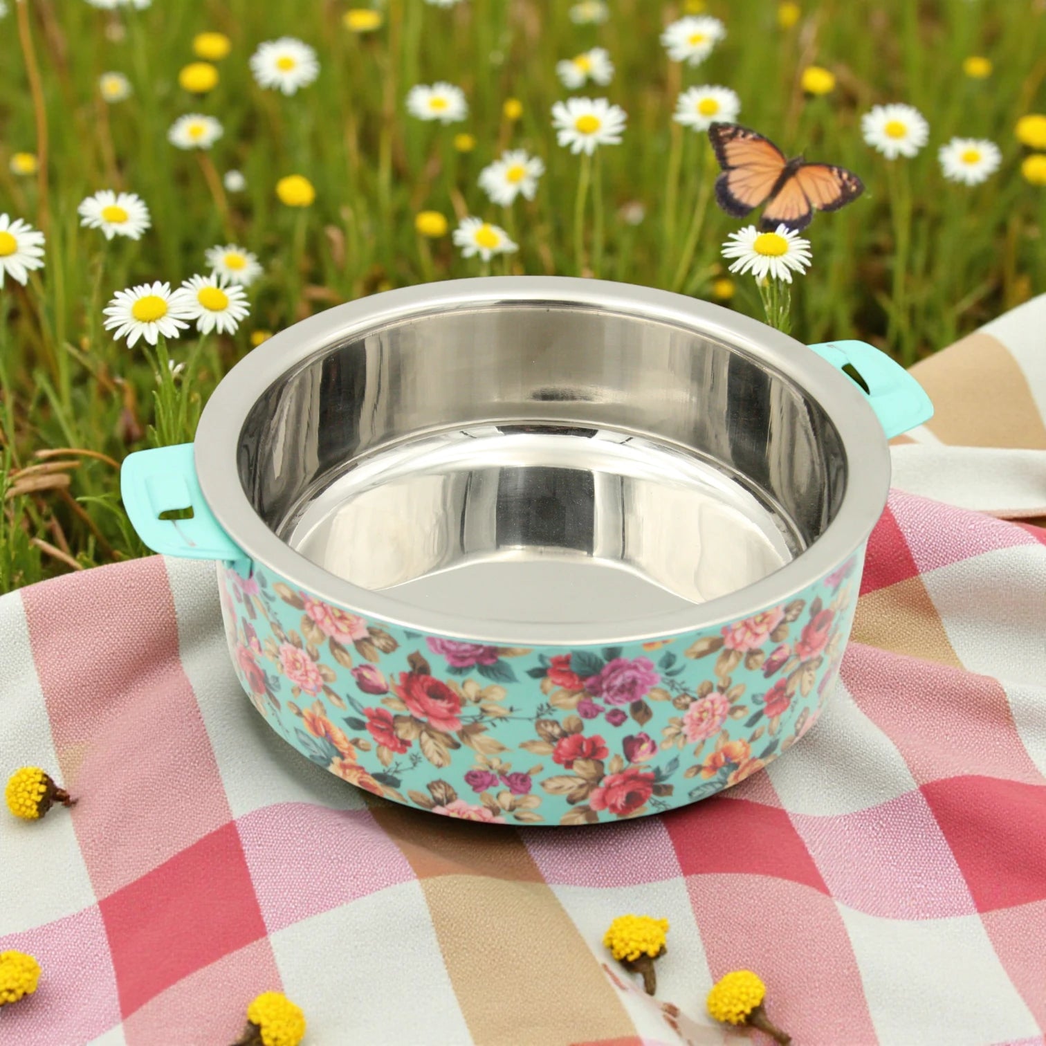 May Flower Floral Stainless Steel Insulated Food Warmer – Large Thermal Hot Pot with Lid for Serving & Storage - 3500ml - Damoo