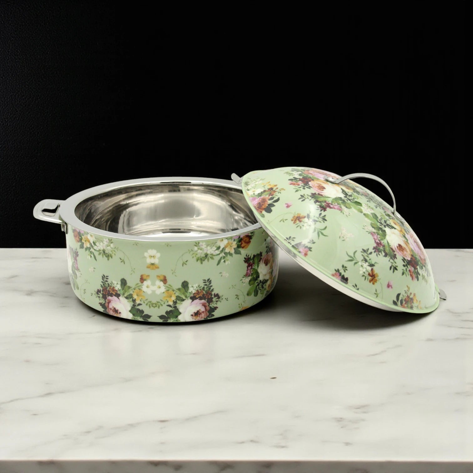 MayFlower Floral Stainless Steel Hot Pot – 2500ml Insulated Casserole Dish with Lid – Elegant Thermal Food Warmer – Keeps Food Hot & Fresh - 2500 ML - Damoo