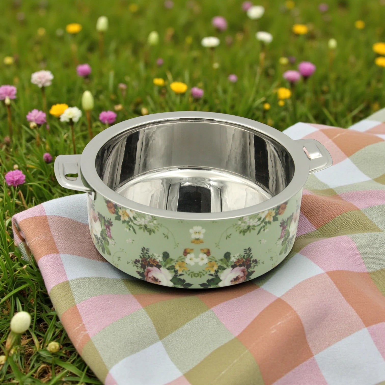 MayFlower Floral Stainless Steel Hot Pot – 2500ml Insulated Casserole Dish with Lid – Elegant Thermal Food Warmer – Keeps Food Hot & Fresh - 2500 ML - Damoo