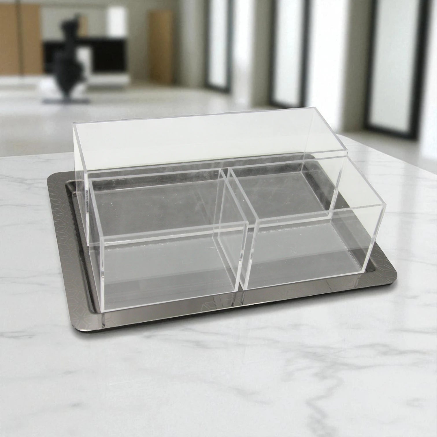Modern Acrylic Condiment Box Set with Sleek Black Metal Lids – 3-Compartment Spice, Snack, or Sugar Organizer on Matching Tray - Damoo