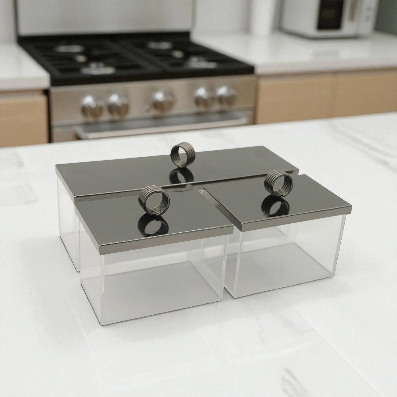 Modern Acrylic Condiment Box Set with Sleek Black Metal Lids – 3-Compartment Spice, Snack, or Sugar Organizer on Matching Tray - Damoo