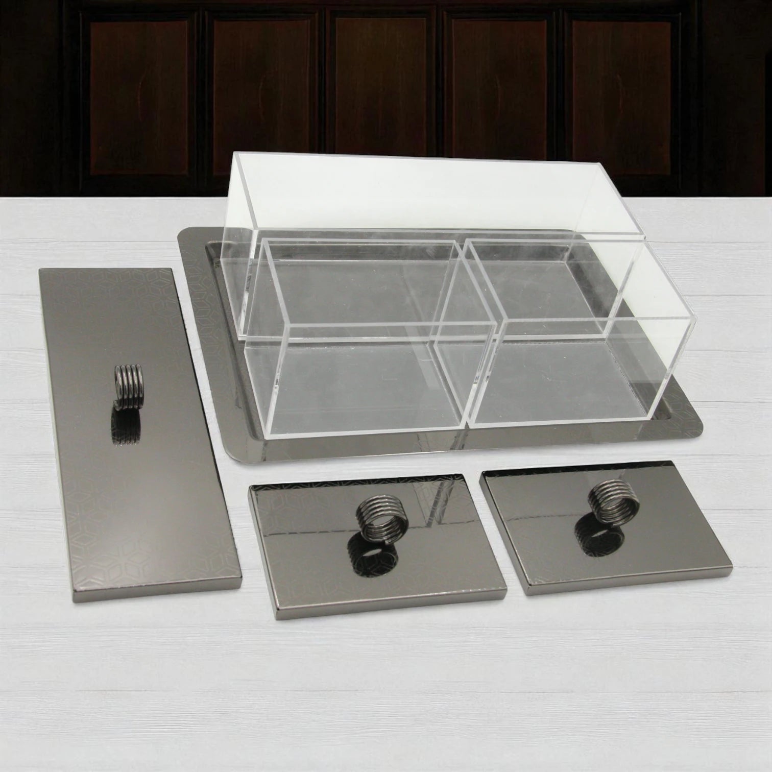 Modern Acrylic Condiment Box Set with Sleek Black Metal Lids – 3-Compartment Spice, Snack, or Sugar Organizer on Matching Tray - Damoo