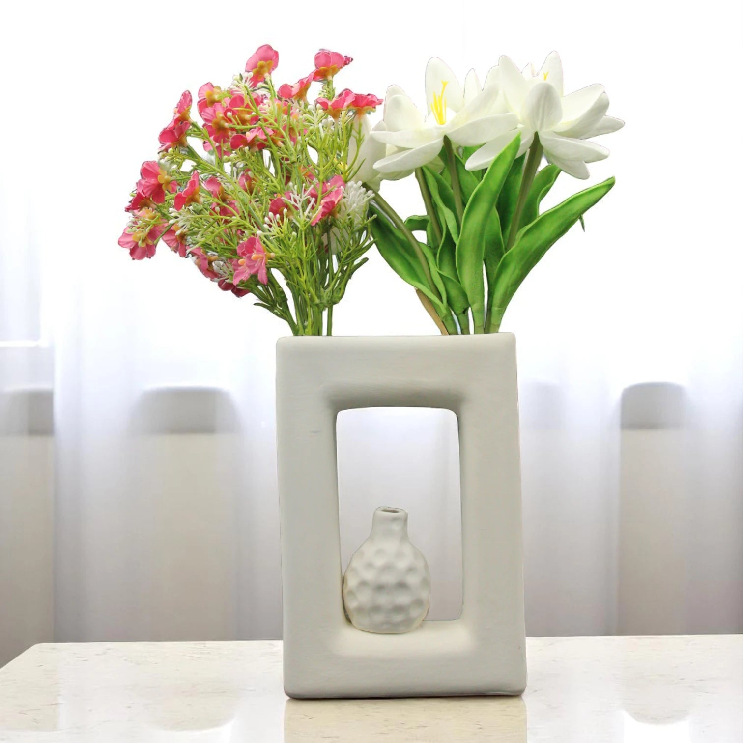 Modern Geometric Ceramic Flower Vase with Built-In Mini Textured Pot – Sculptural White Hollow Design for Home & Office Decor - Damoo
