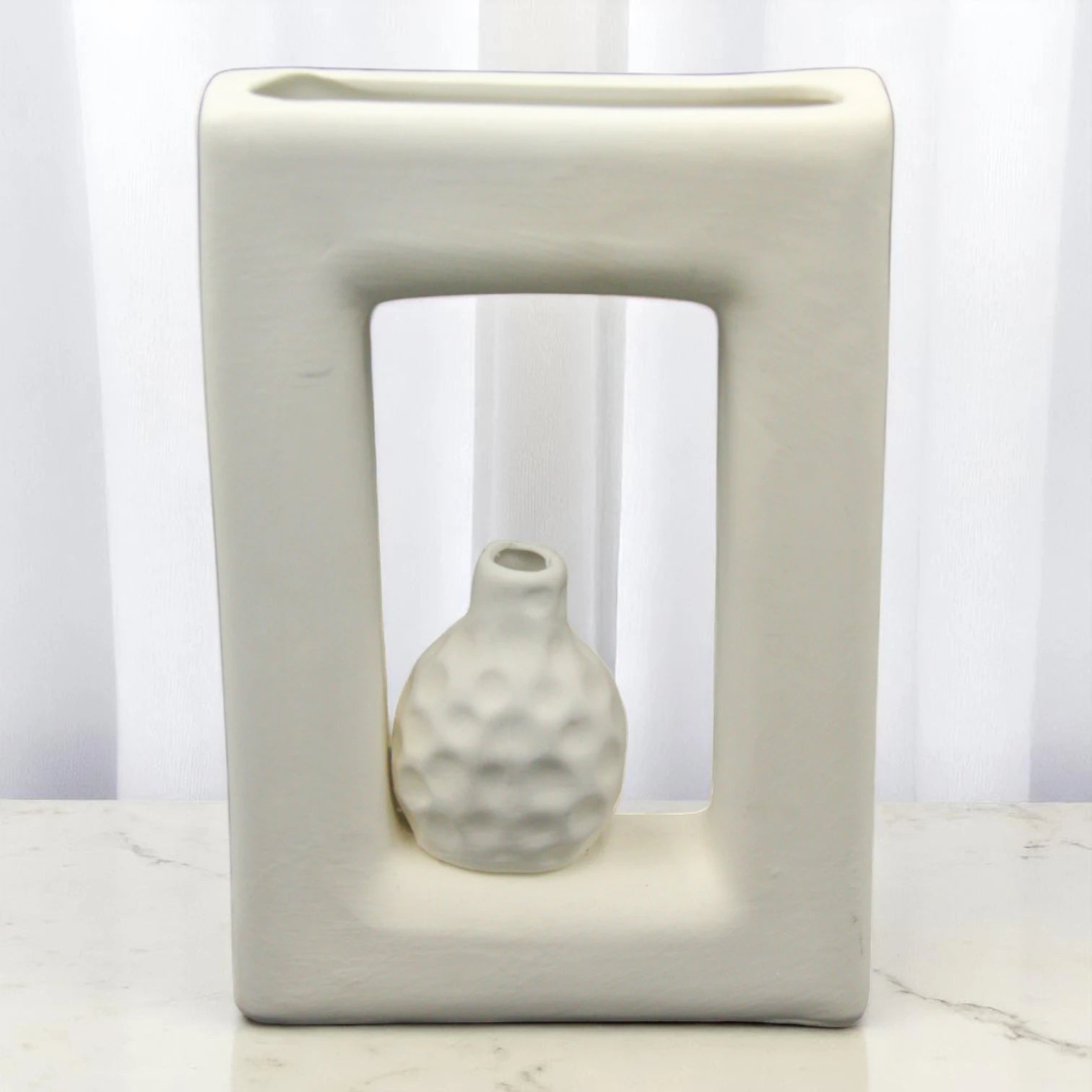 Modern Geometric Ceramic Flower Vase with Built-In Mini Textured Pot – Sculptural White Hollow Design for Home & Office Decor - Damoo