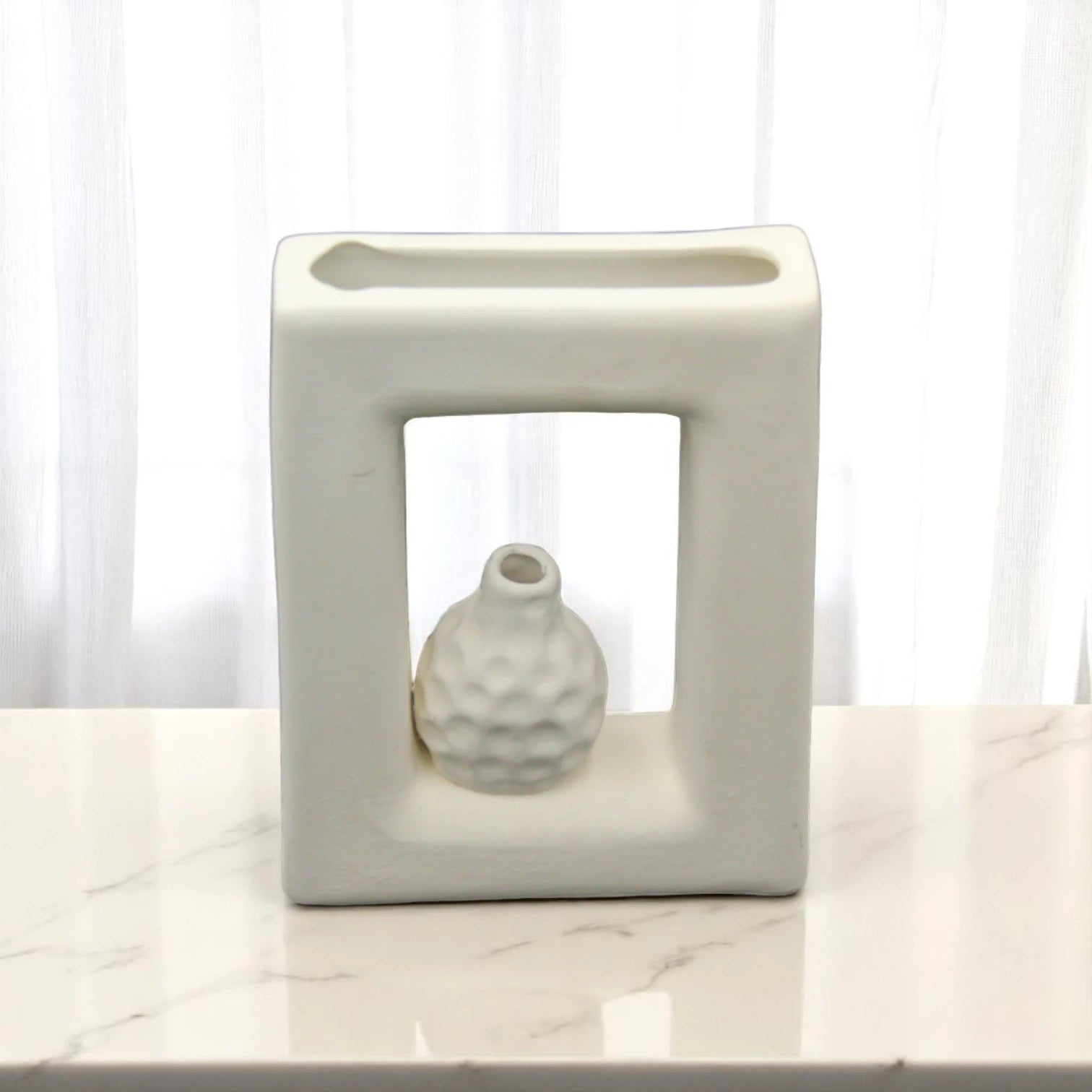 Modern Geometric Ceramic Flower Vase with Built-In Mini Textured Pot – Sculptural White Hollow Design for Home & Office Decor - Damoo