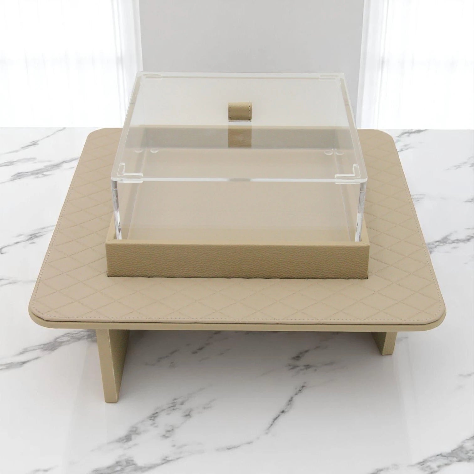Modern Gray Quilted Faux Leather Display Tray with Clear Acrylic Lid – Elevated Organizer for Jewelry, Perfume, Makeup & More - Damoo