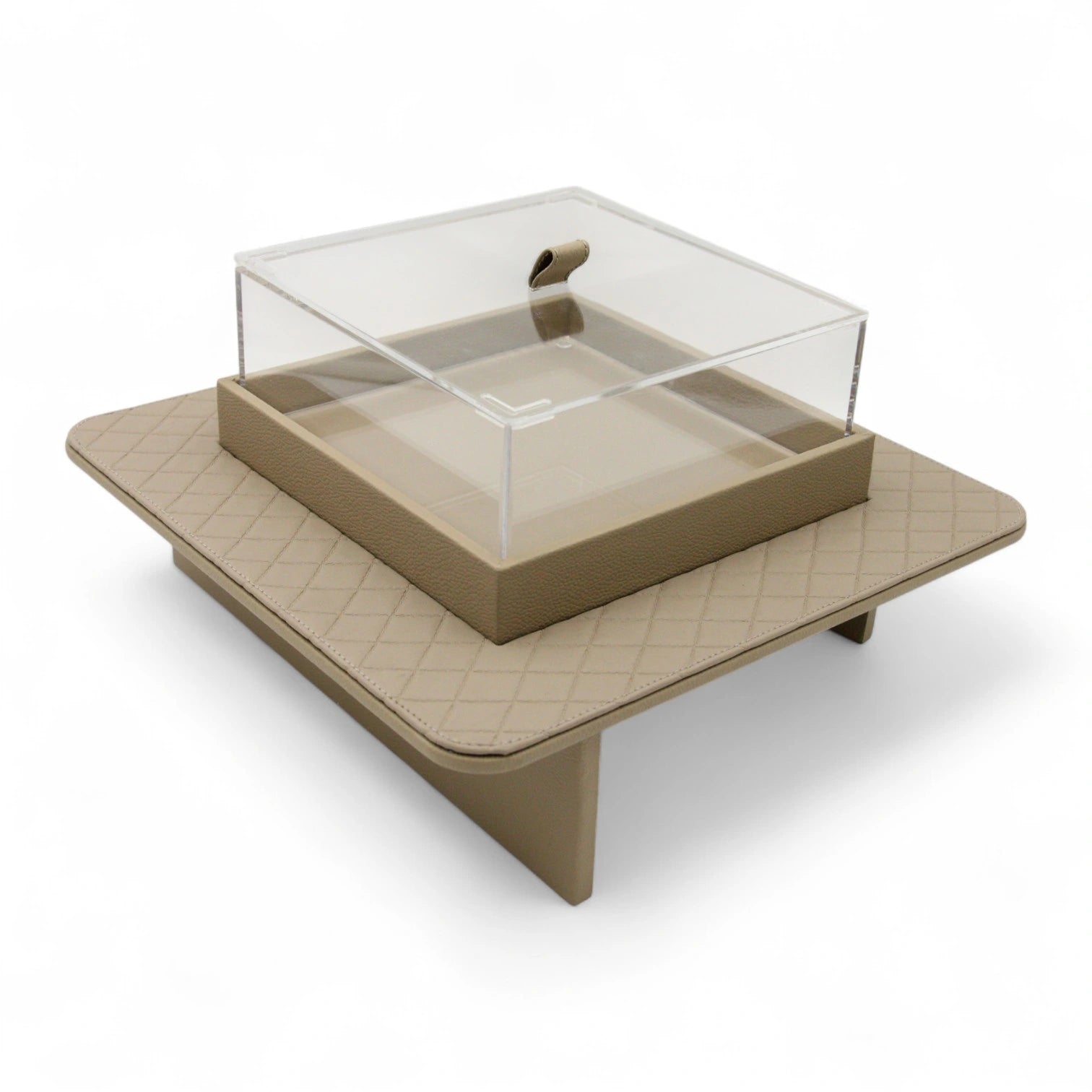 Modern Gray Quilted Faux Leather Display Tray with Clear Acrylic Lid – Elevated Organizer for Jewelry, Perfume, Makeup & More - Damoo