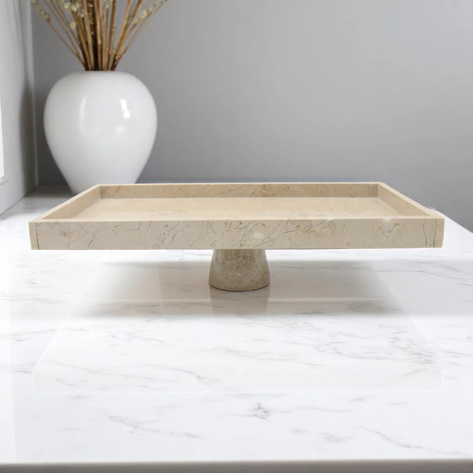 Modern Marble-Style Tray on Stand – Elegant Stone-Look Display Tray for Kitchen, Dining Table & Living Room - Multipurpose Serving or Decorative Stand for Fruit, Candles & More - Damoo