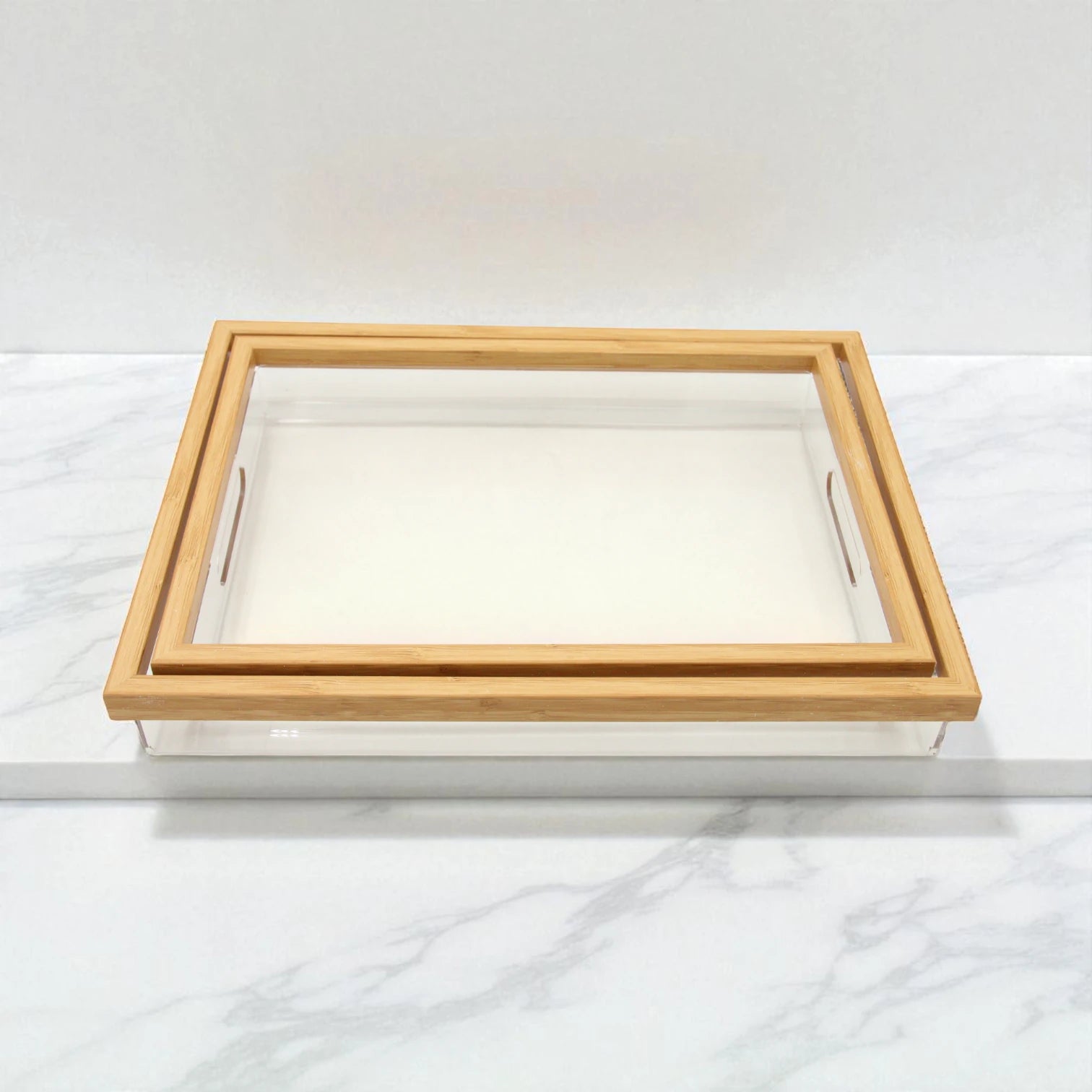 Modern Rectangular Acrylic Tray Set – 2-Piece Serving & Organizer Trays with Frame and Handles for Coffee Table, Kitchen, Vanity & More - Damoo
