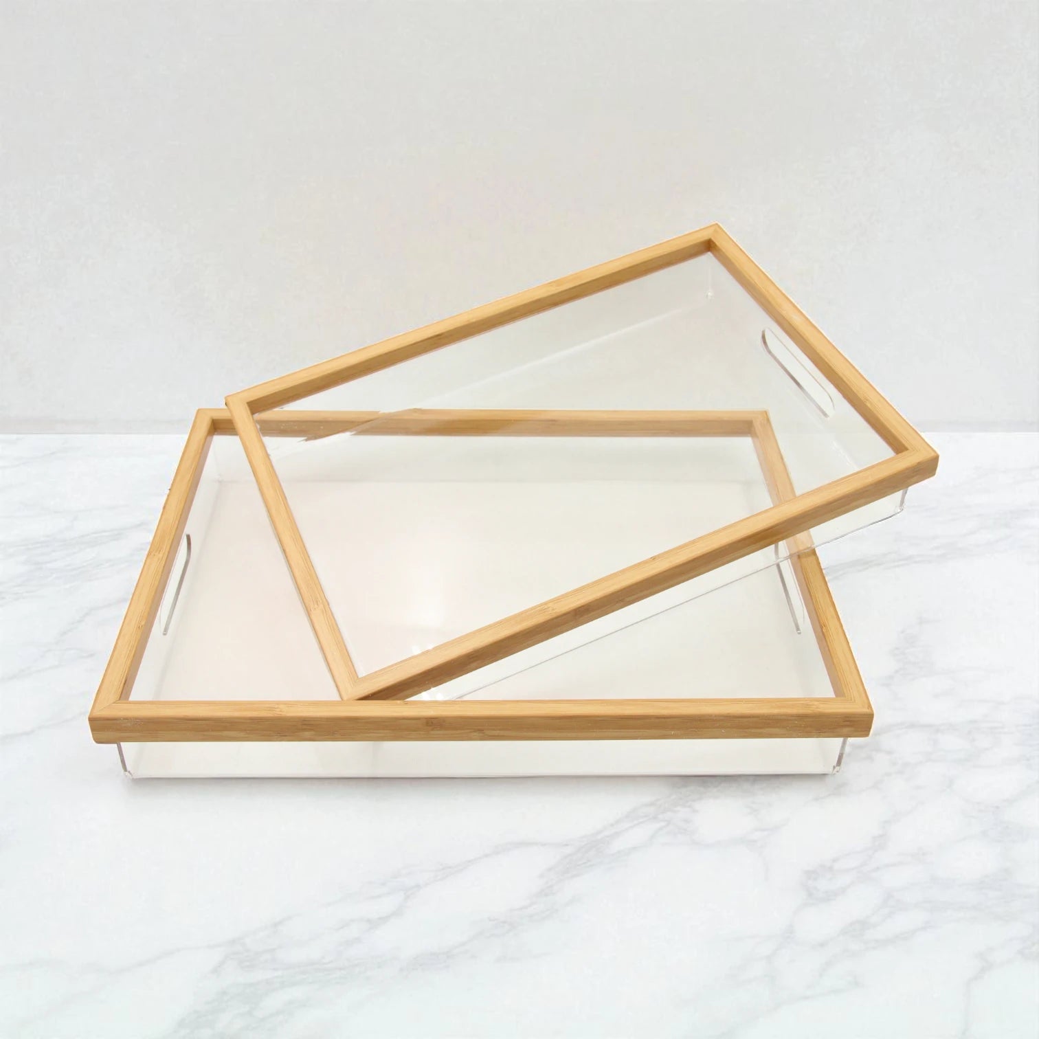 Modern Rectangular Acrylic Tray Set – 2-Piece Serving & Organizer Trays with Frame and Handles for Coffee Table, Kitchen, Vanity & More - Damoo