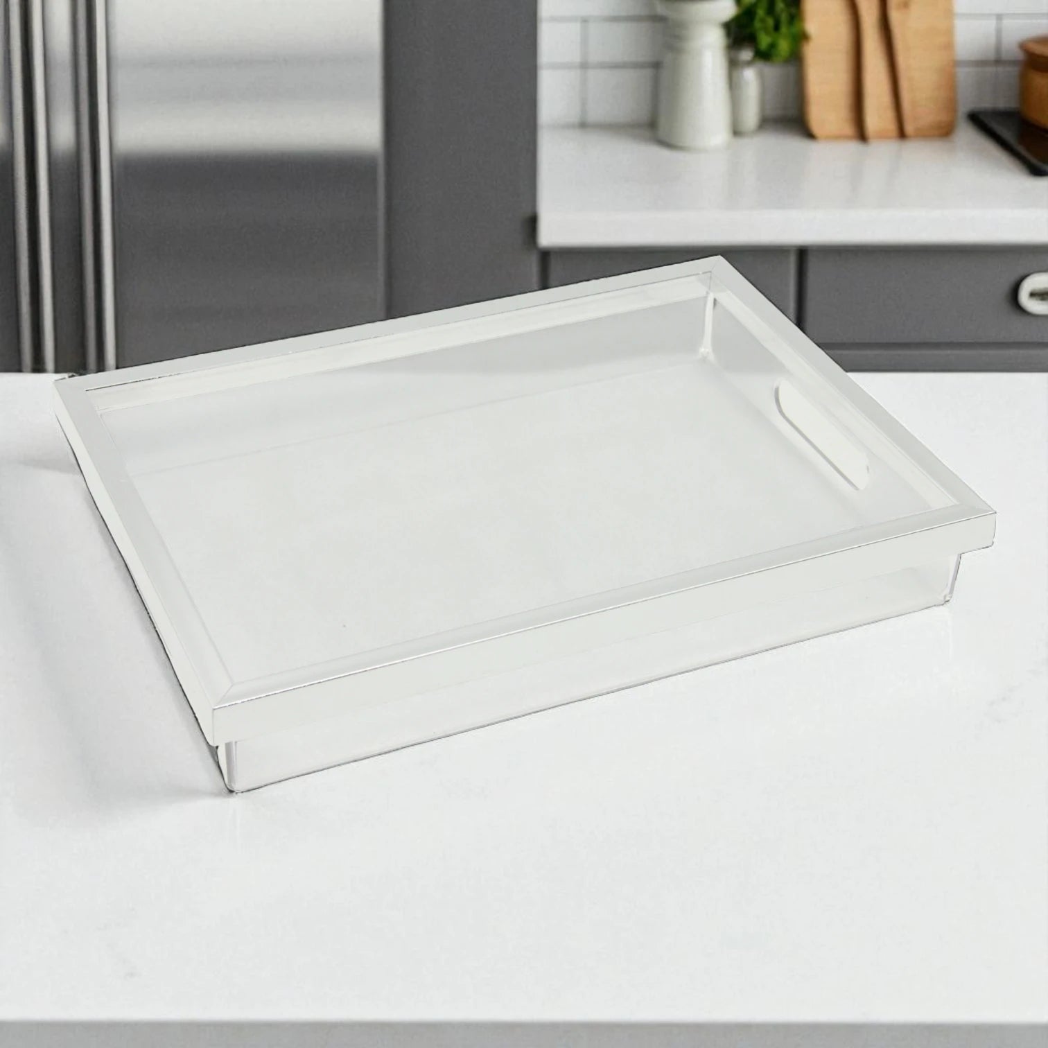 Modern Rectangular Acrylic Tray Set – 2-Piece Serving & Organizer Trays with Frame and Handles for Coffee Table, Kitchen, Vanity & More - Damoo