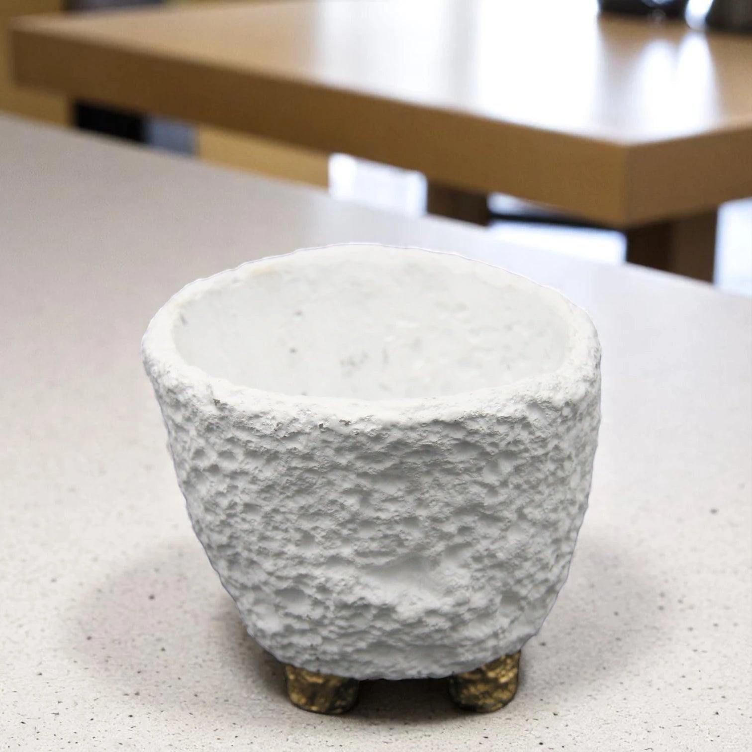 Modern Textured White Vase with Gold Legs – Decorative Ceramic Pot for Home & Office | Minimalist Rustic Planter - Damoo