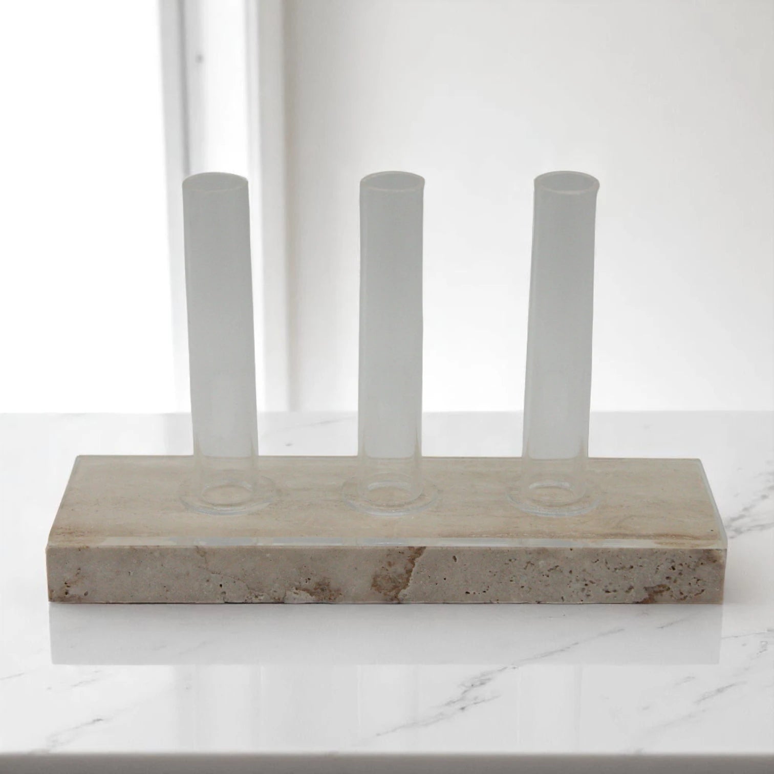 Modern Travertine Beige Vase with Three Clear Tubes – Sculptural Rectangular Stone Centerpiece for Contemporary Living, Dining, or Office Spaces - Damoo