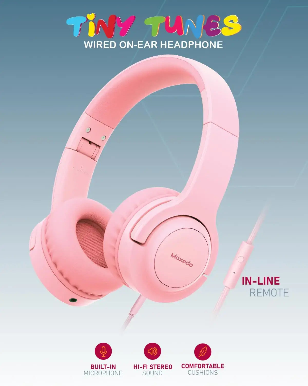 Moxedo Tiny Tunes Wired On-Ear Headphones with Built-in Mic, In-Line Remote, Foldable Adjustable Design, Stereo Sound, 93dB Sensitivity – Lightweight Headset for Music & Calls - Damoo
