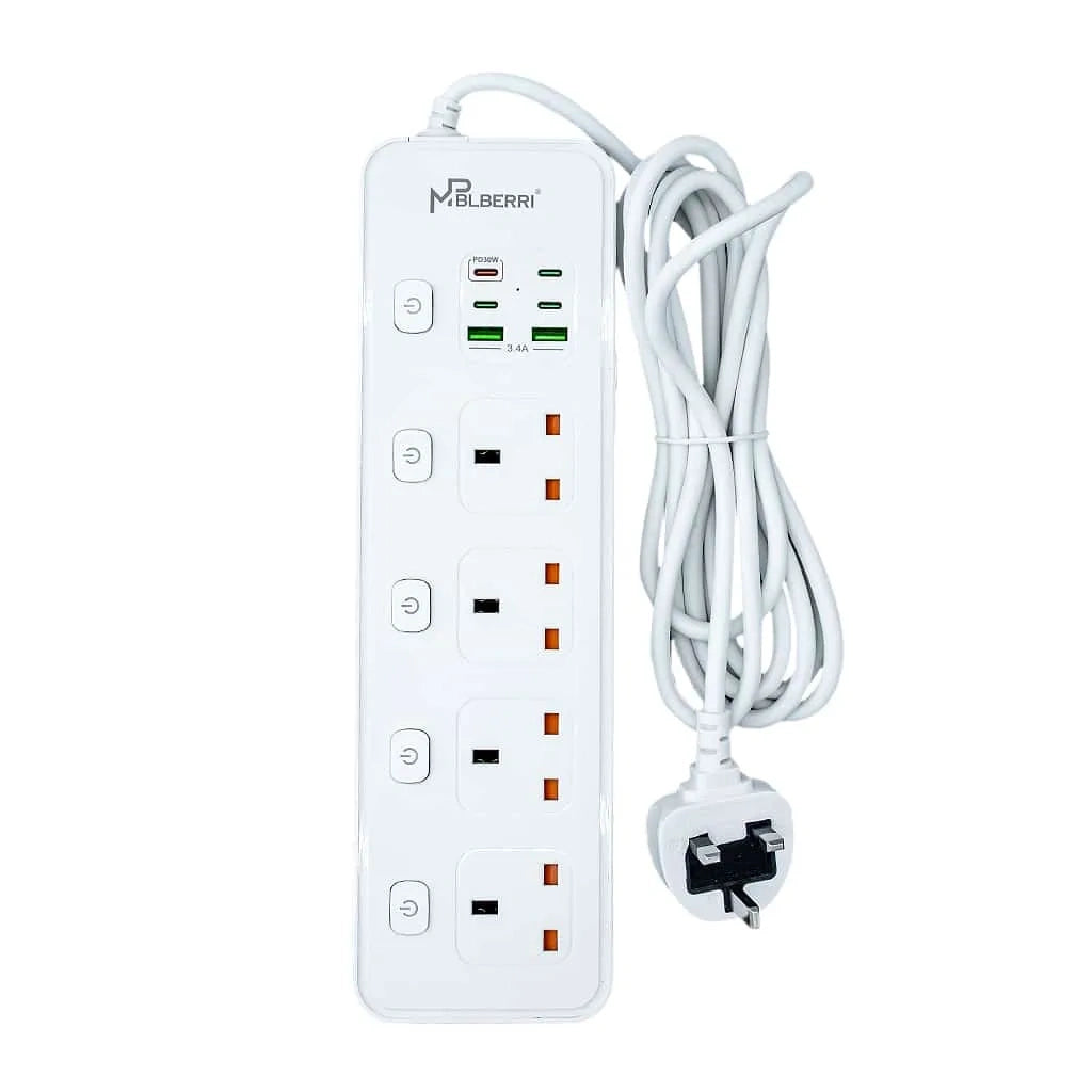 mpBLBERRI 3250W Power Strip Extension Cord – 3 Meter, 4 AC Sockets + 4 PD Fast Charging Ports + 2 USB Outputs – Fireproof PC Housing, Universal Voltage 100V-250V – White - Damoo