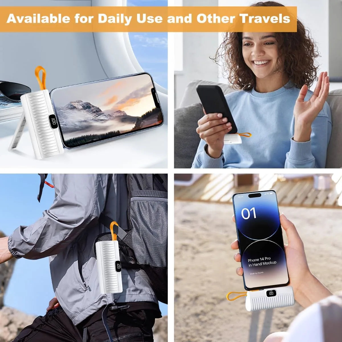 mpBLBERRI 5000mAh Portable Charger Power Bank with Built-in Cables & Stand, Airline Approved, USB-C Compatible, for iPhone, Samsung, and Android Phones - Damoo