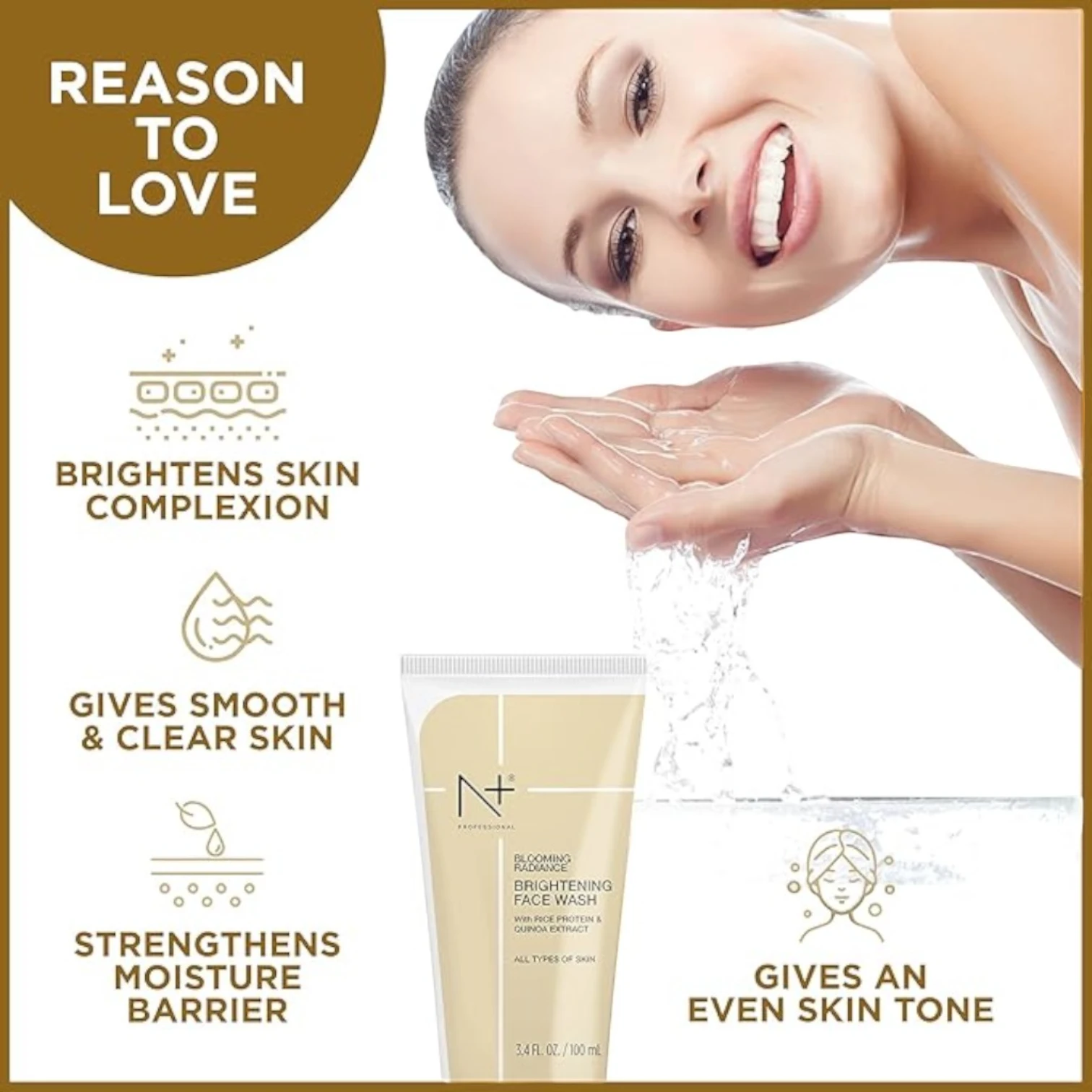 N PLUS Professional Blooming Radiance Brightening Face Wash 100 ML– Rice Protein & Quinoa Extract | Niacinamide | Gentle Gel Cleanser for All Skin Types - Damoo